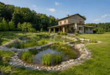 Casa di campagna al margine del bosco con impianto di fitodepurazione integrato nel giardino, formato da vasche naturali con acqua, ghiaia, pietre e piante acquatiche
