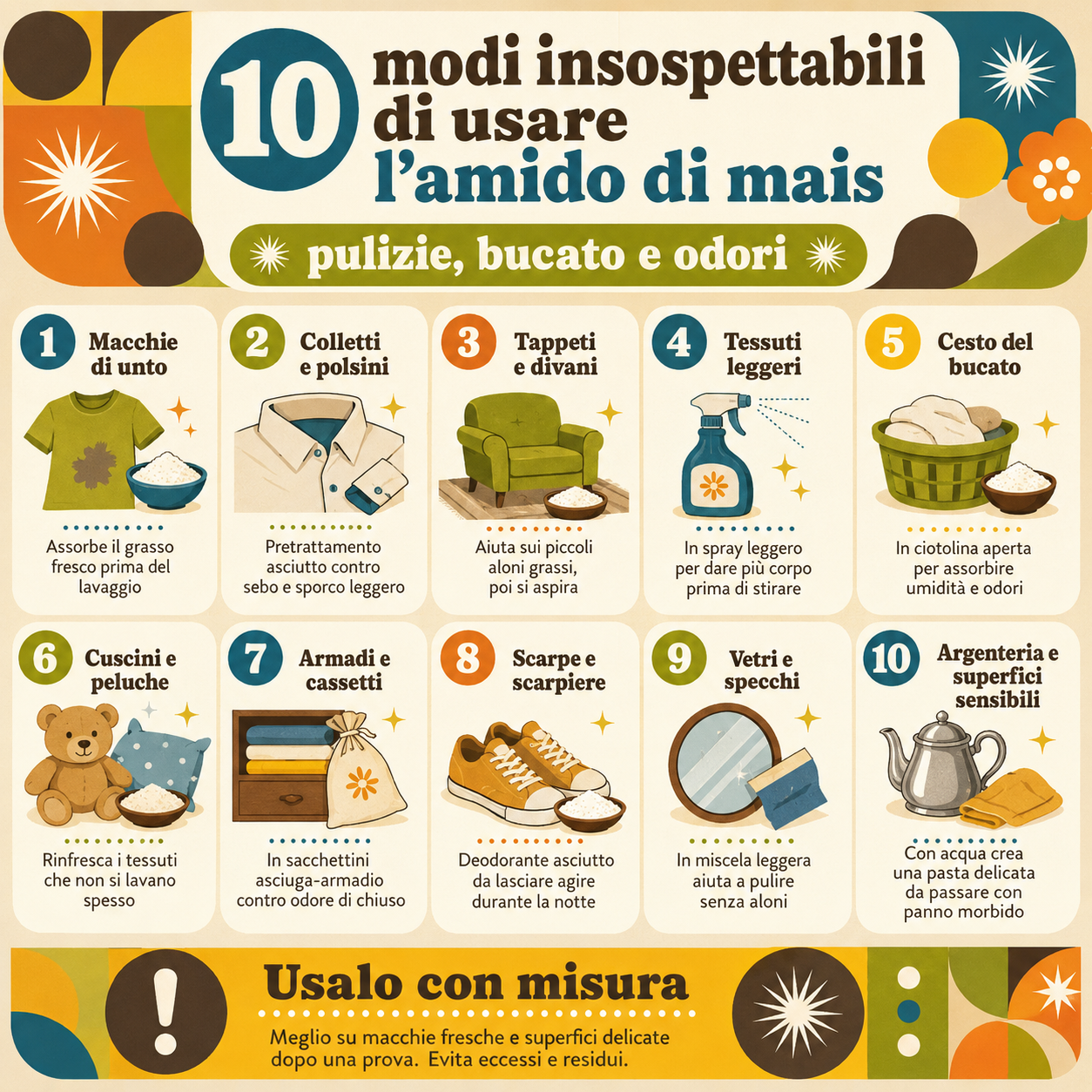 Infografica che riassume 10 usi insoliti dell’amido di mais per pulire e rinfrescare la casa, dal trattamento delle macchie di unto alla cura di tessuti, vetri, scarpe, armadi e superfici delicate