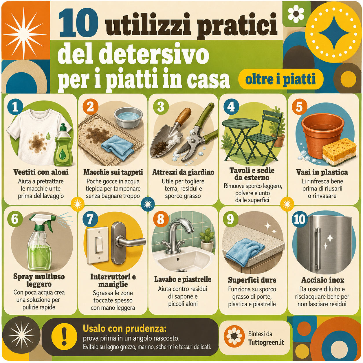 Infografica quadrata che riassume 10 usi pratici in casa del detersivo per i piatti, tra smacchiatura, pulizia di tappeti, attrezzi da giardino, arredi da esterno, vasi, interruttori, lavabo, superfici dure e acciaio inox
