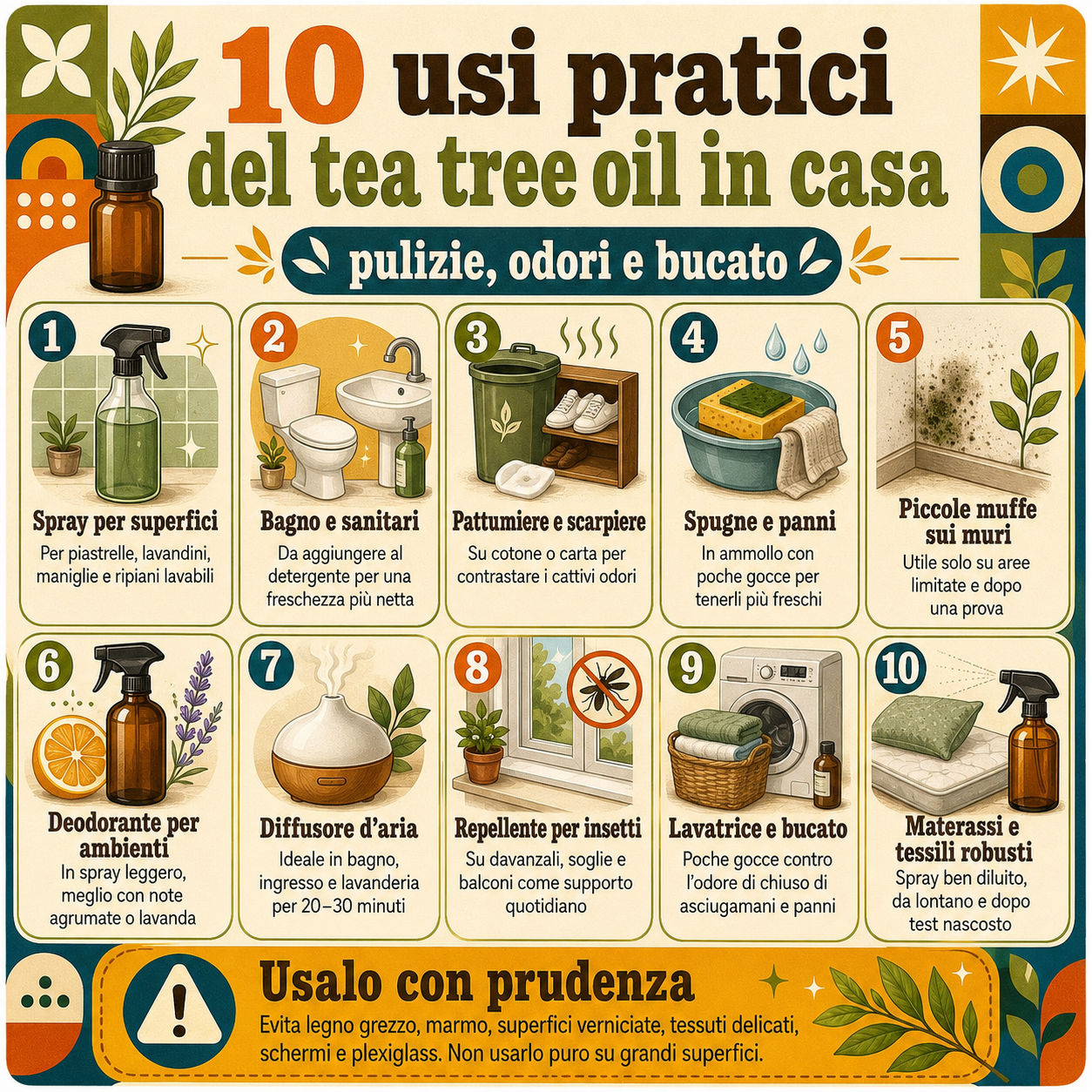 Infografica sui 10 usi pratici del tea tree oil nelle pulizie di casa, con impieghi per superfici lavabili, bagno, scarpiere, bucato, tessili e deodorazione degli ambienti, oltre alle precauzioni d’uso