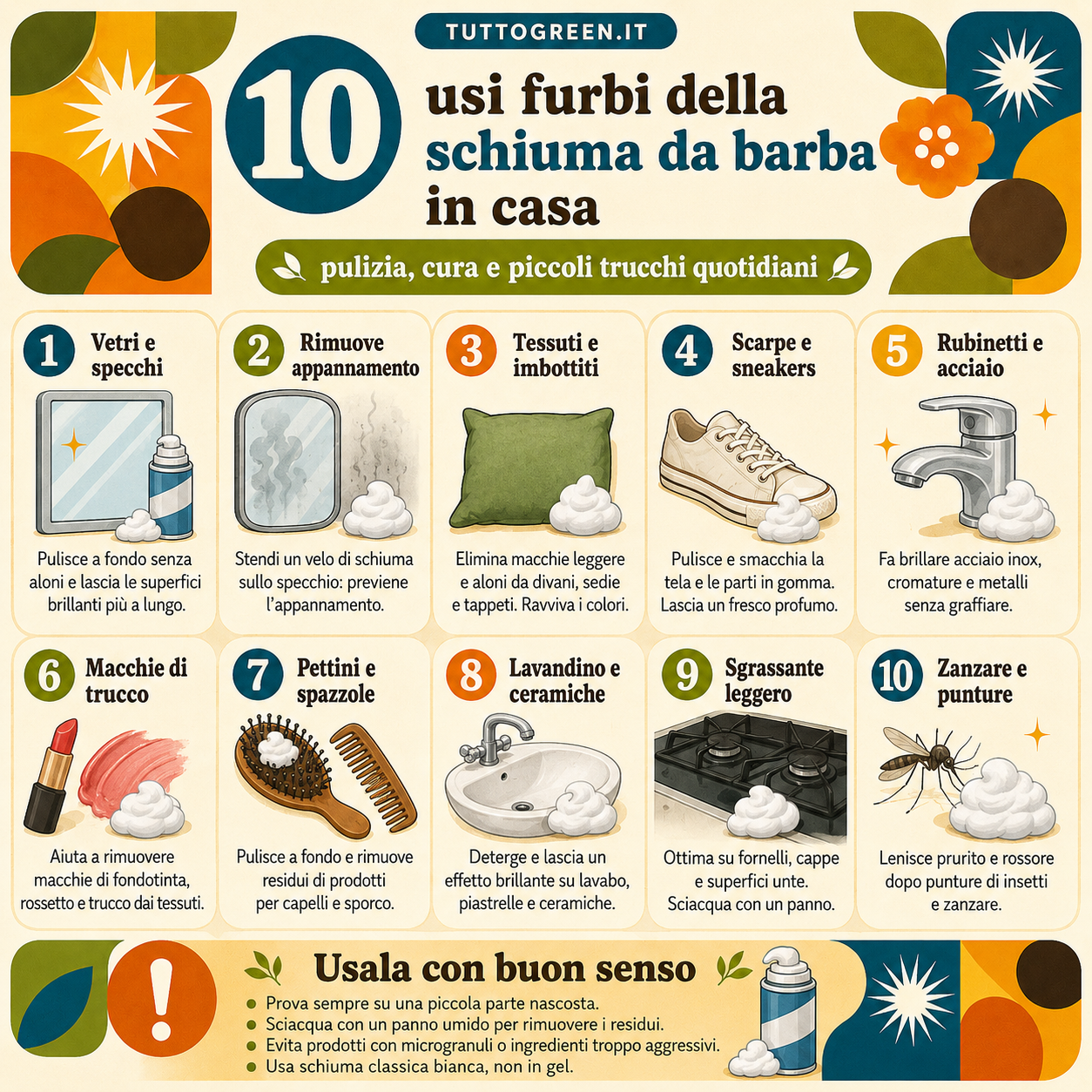 Infografica quadrata con 10 utilizzi della schiuma da barba per pulire vetri, specchi, tessuti, scarpe, acciaio, ceramiche e altre superfici domestiche