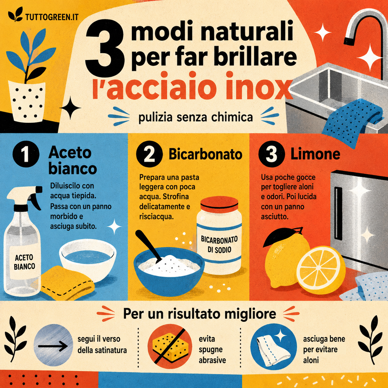 Infografica che riassume 3 metodi naturali per pulire e far brillare l’acciaio inox con aceto bianco, bicarbonato e limone, più consigli utili per evitare aloni