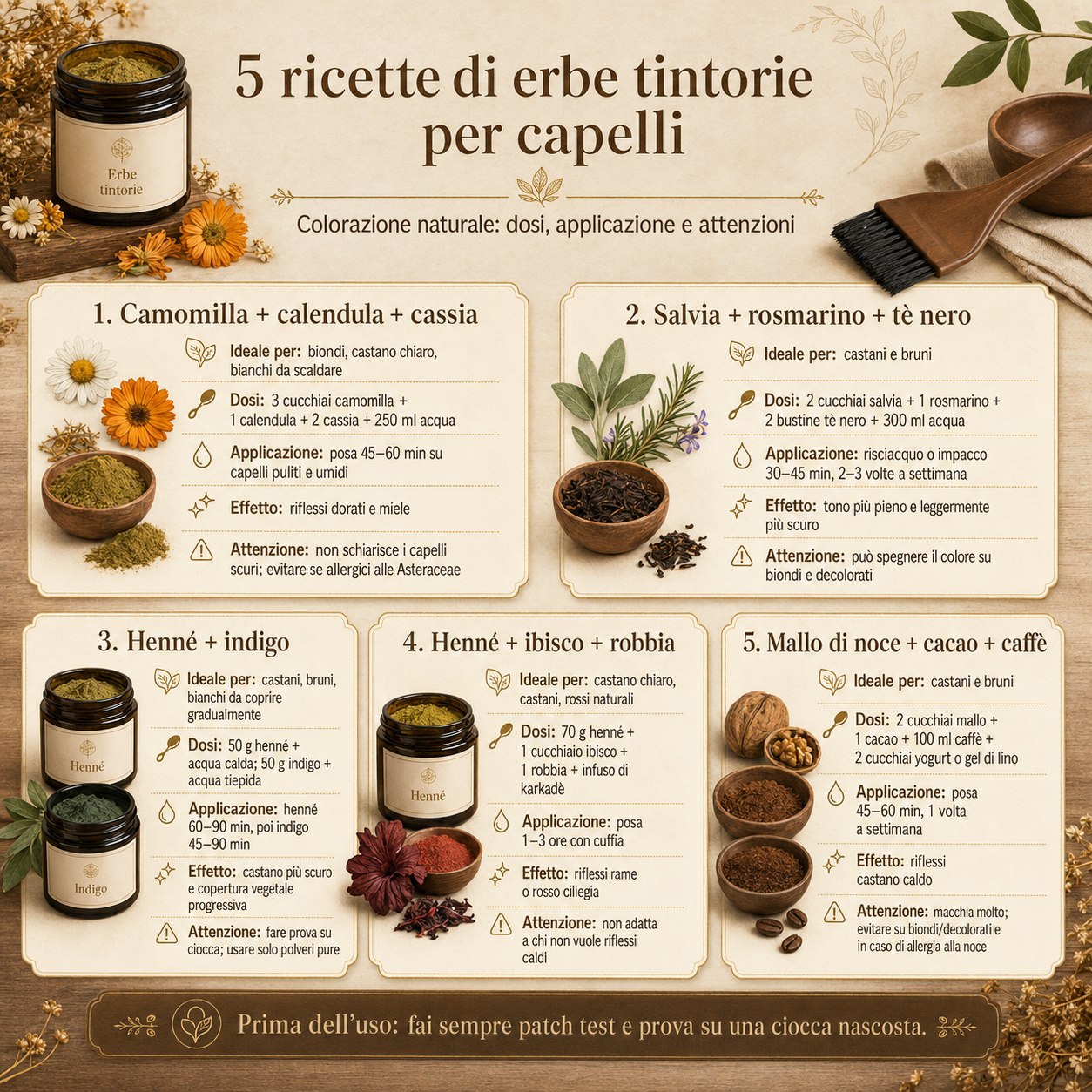 Infografica quadrata con 5 ricette di erbe tintorie naturali per capelli, non solo henné, con dosi, applicazione, effetti e attenzioni per camomilla, cassia, salvia, rosmarino, tè nero, ibisco, robbia, mallo di noce e altre alternative vegetali