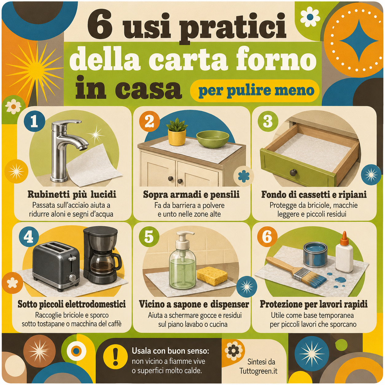 Infografica quadrata con 6 usi pratici della carta forno in casa, dai rubinetti più lucidi alla protezione di cassetti, pensili, elettrodomestici e superfici durante piccoli lavori