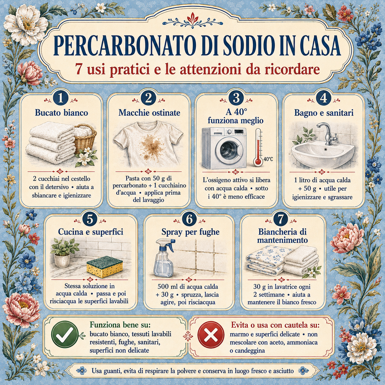 Infografica decorativa sui 7 usi pratici del percarbonato di sodio in casa, con consigli per bucato, macchie, bagno, cucina, fughe e avvertenze d’uso