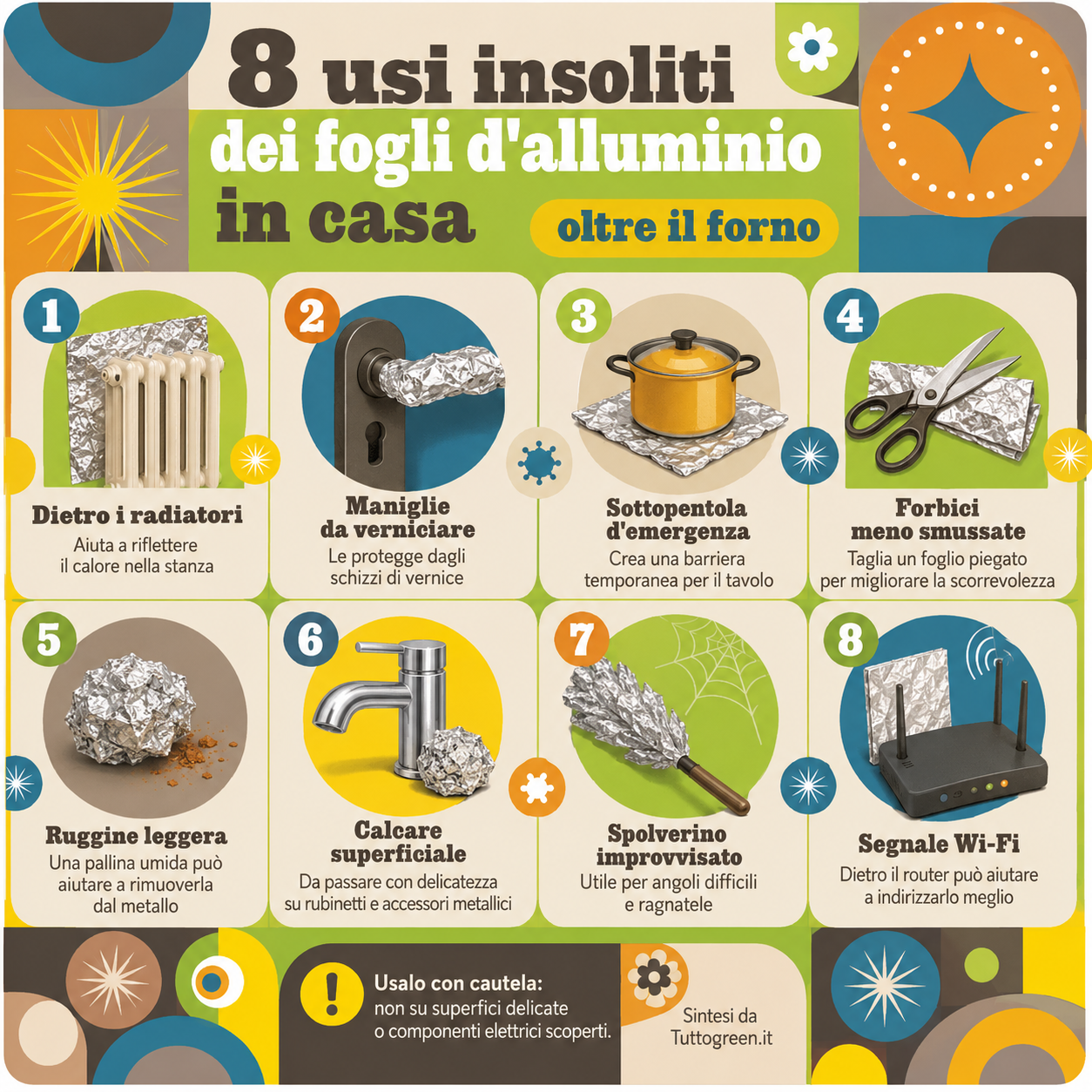 Infografica quadrata con 8 usi insoliti dei fogli d’alluminio in casa, dai radiatori alle maniglie da verniciare, fino a forbici, ruggine, calcare, spolverino e segnale Wi-Fi