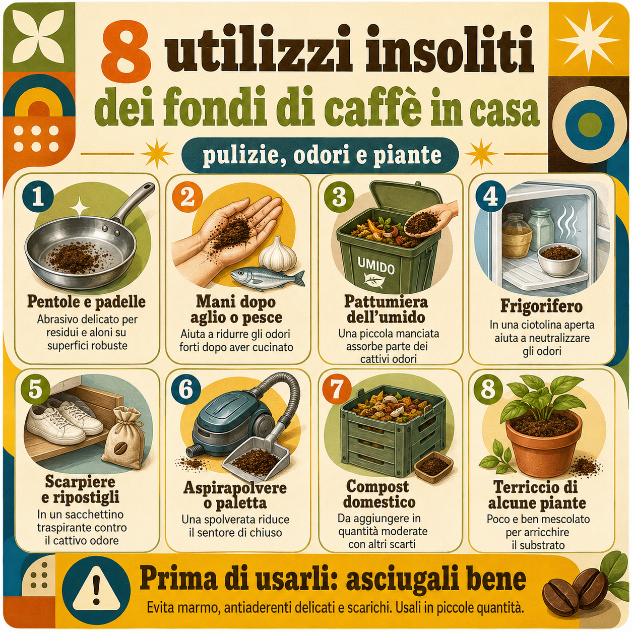 Infografica che riassume 8 utilizzi insoliti dei fondi di caffè in casa, tra pulizie, cattivi odori e cura delle piante, con consigli pratici per riusarli senza sprechi.