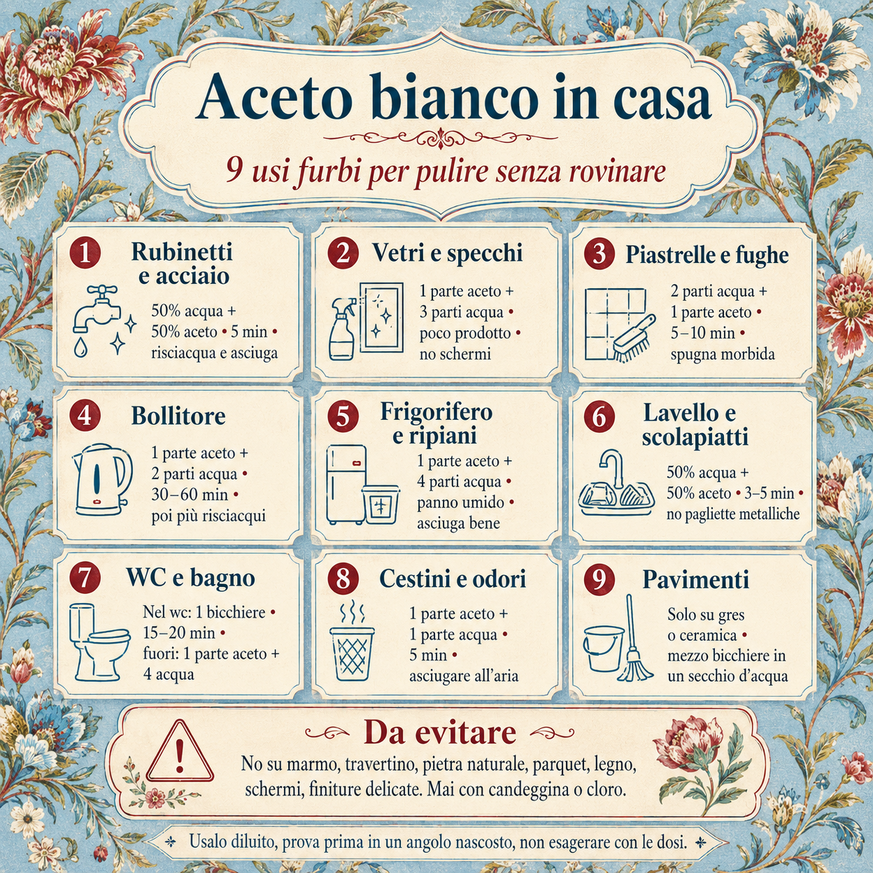 Infografica decorativa in stile floreale che riassume 9 usi dell’aceto bianco in casa per pulire senza rovinare, con dosi, tempi di applicazione e superfici da evitare