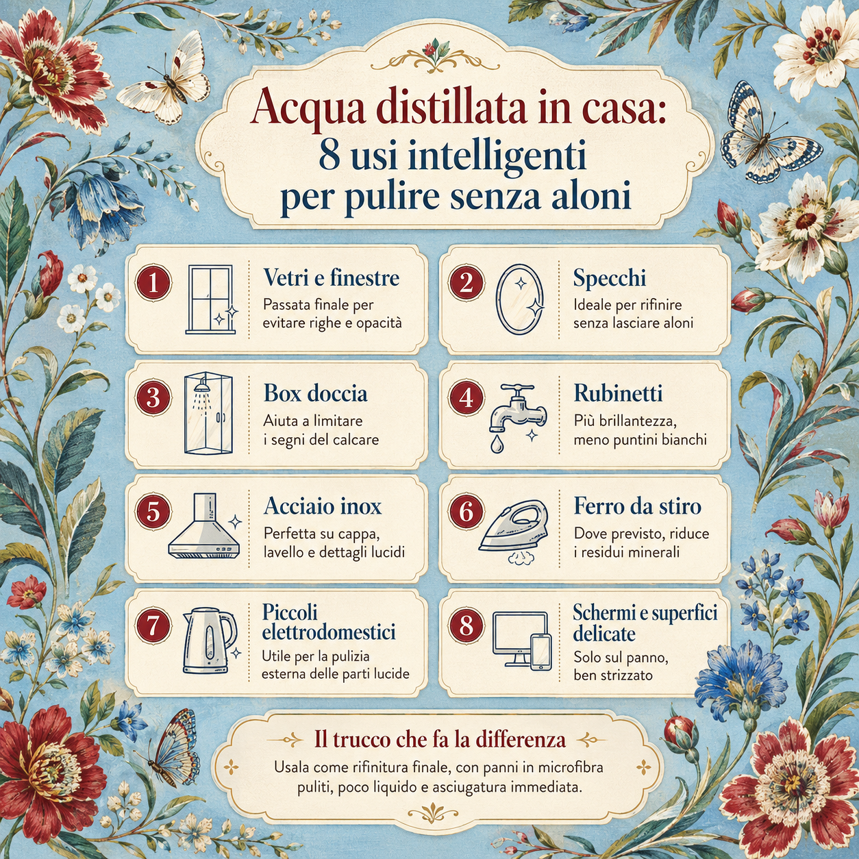 Infografica sugli 8 usi intelligenti dell’acqua distillata in casa per pulire vetri, specchi, rubinetti, acciaio inox, ferro da stiro, piccoli elettrodomestici e superfici delicate senza aloni
