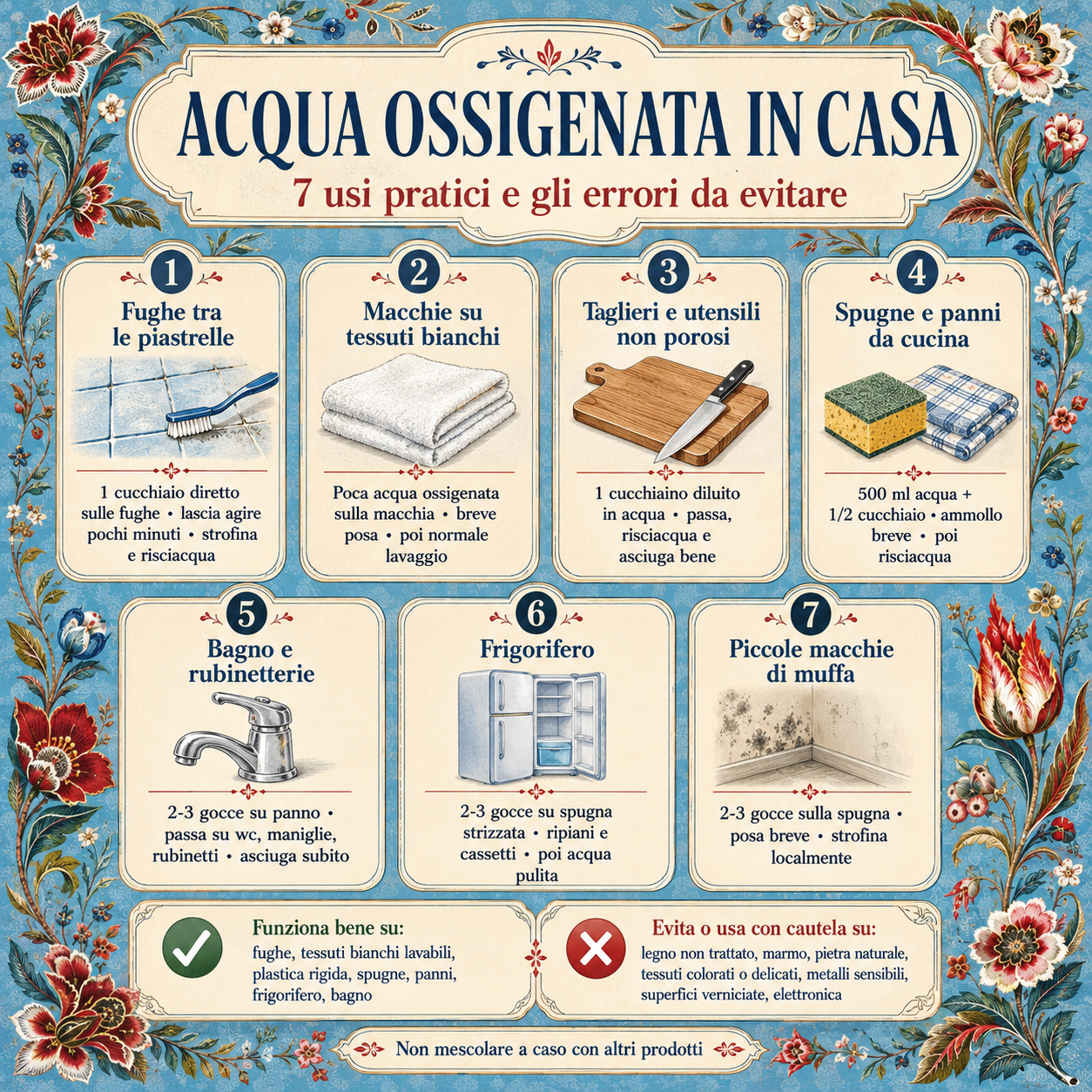Infografica decorativa in stile floreale che riassume 7 usi pratici dell’acqua ossigenata in casa, con indicazioni per fughe, tessuti bianchi, taglieri, spugne, bagno, frigorifero e piccole macchie di muffa, più gli errori da evitare