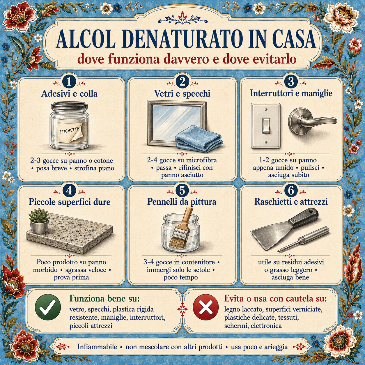 Infografica decorativa in stile floreale che riassume dove usare l’alcol denaturato in casa, da adesivi e colla a vetri, specchi, maniglie, piccoli strumenti e superfici dure, con indicazioni su dove evitarlo e precauzioni di sicurezza
