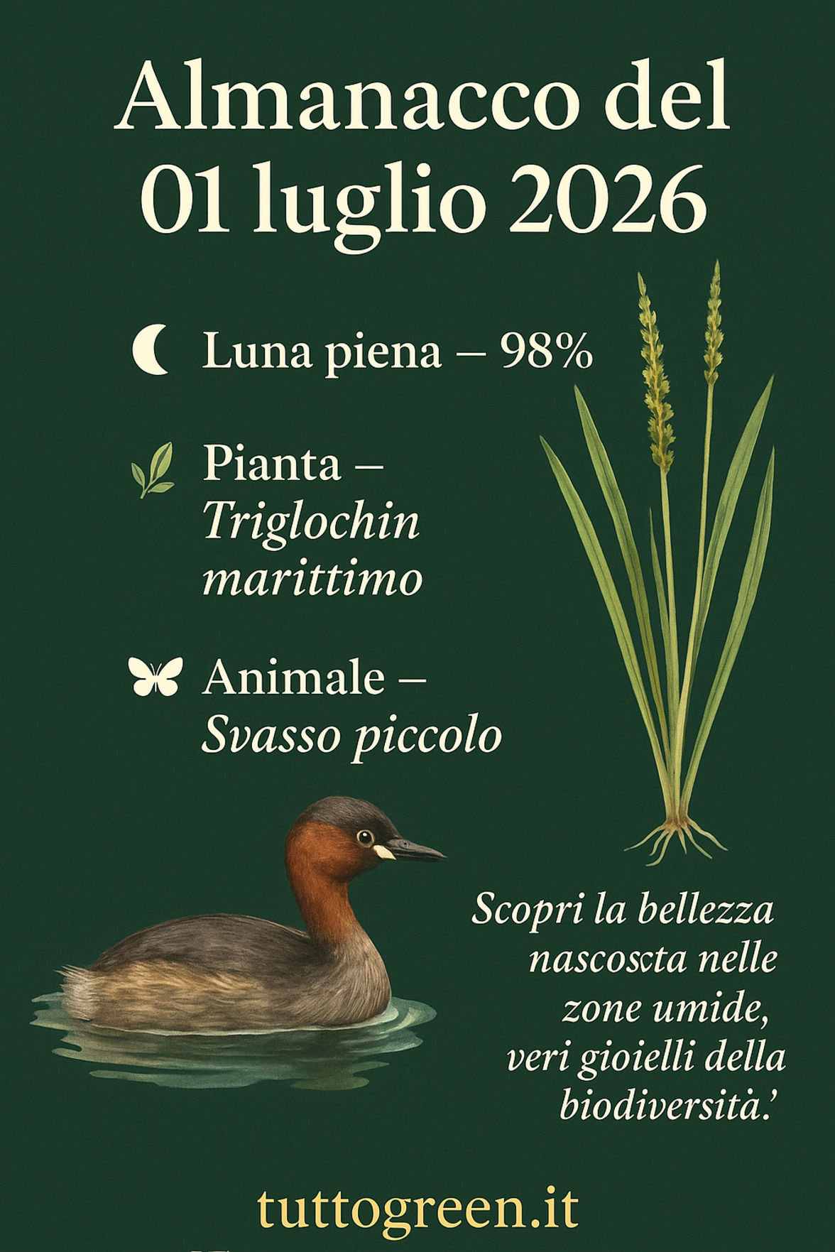 Infografica Almanacco del 01 luglio 2026 — Triglochin marittimo e Svasso piccolo