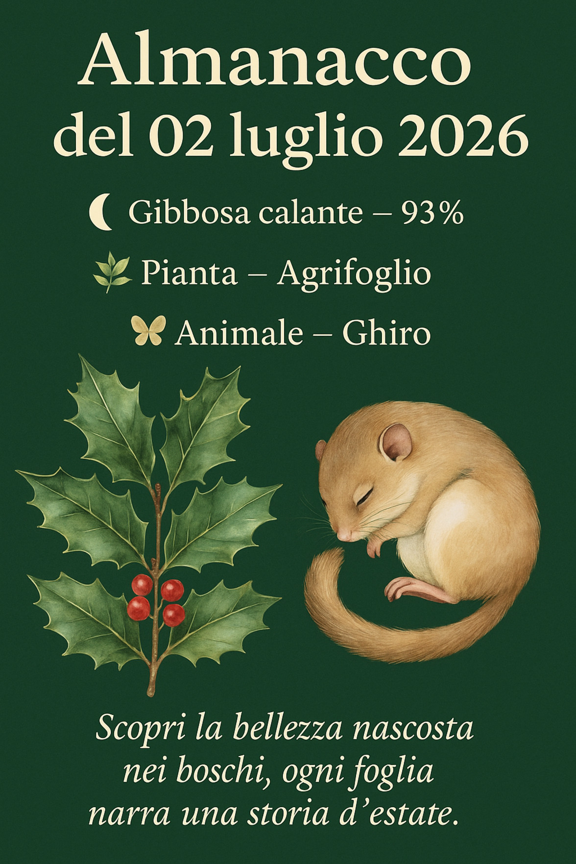 Infografica Almanacco del 02 luglio 2026 — Agrifoglio e Ghiro