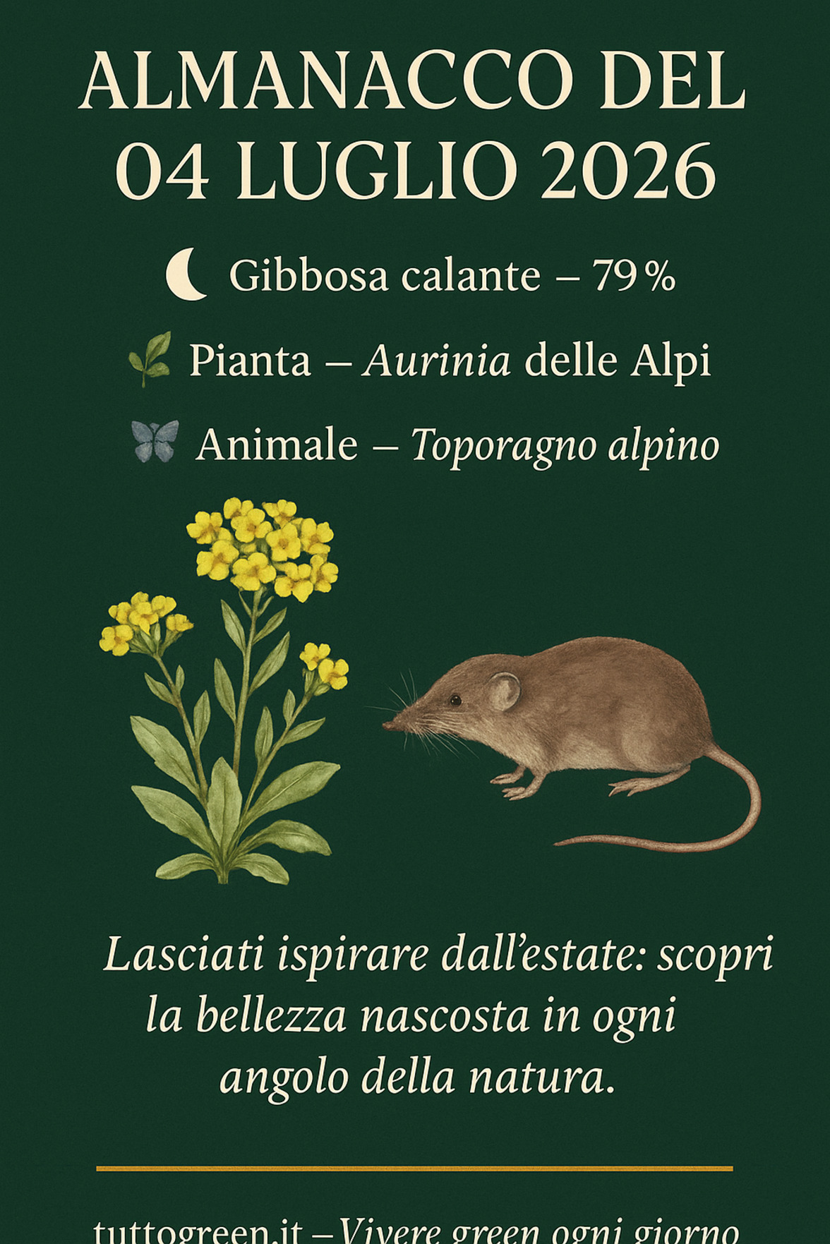 Infografica Almanacco del 04 luglio 2026 — Aurinia delle Alpi e Toporagno alpino