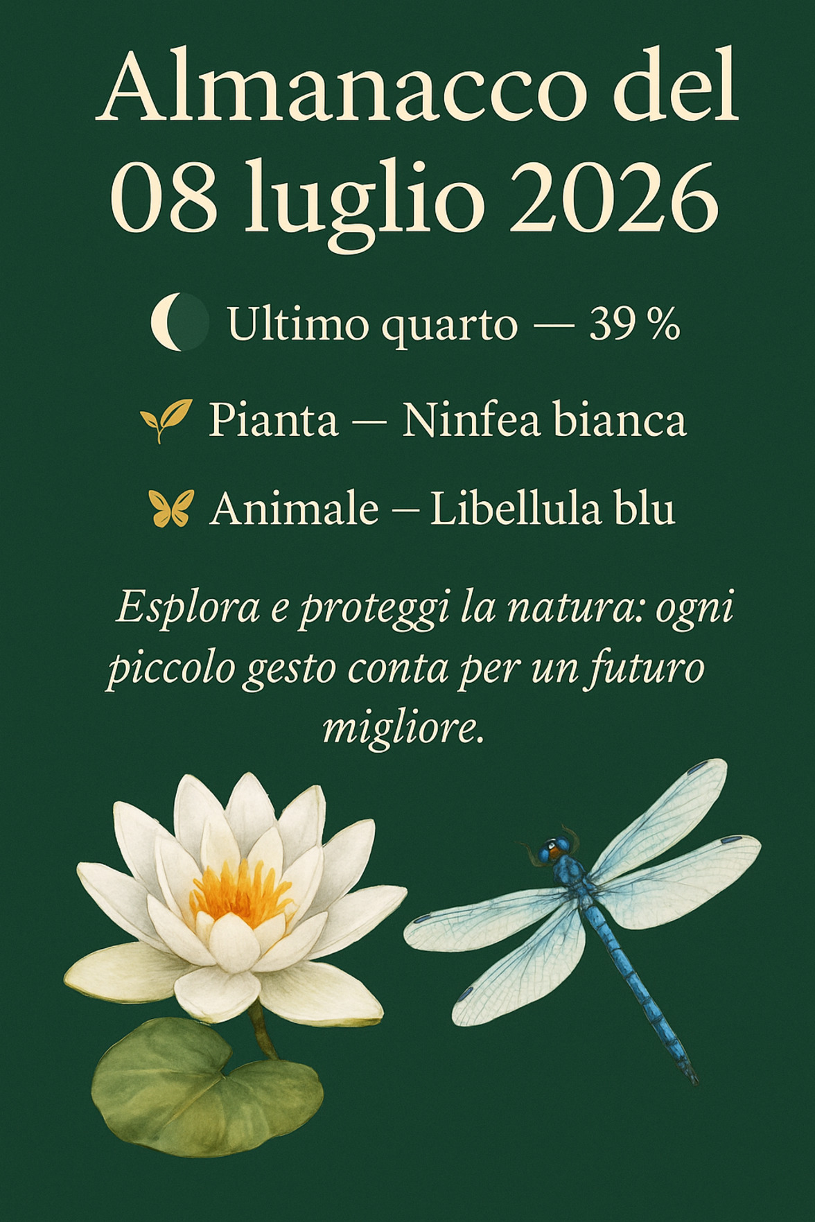 Infografica Almanacco del 08 luglio 2026 — Ninfea bianca e Libellula blu