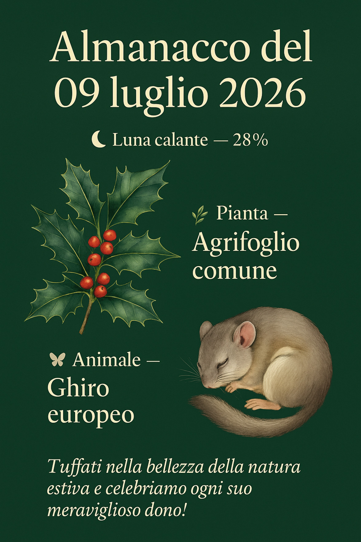 Infografica Almanacco del 09 luglio 2026 — Agrifoglio comune e Ghiro europeo