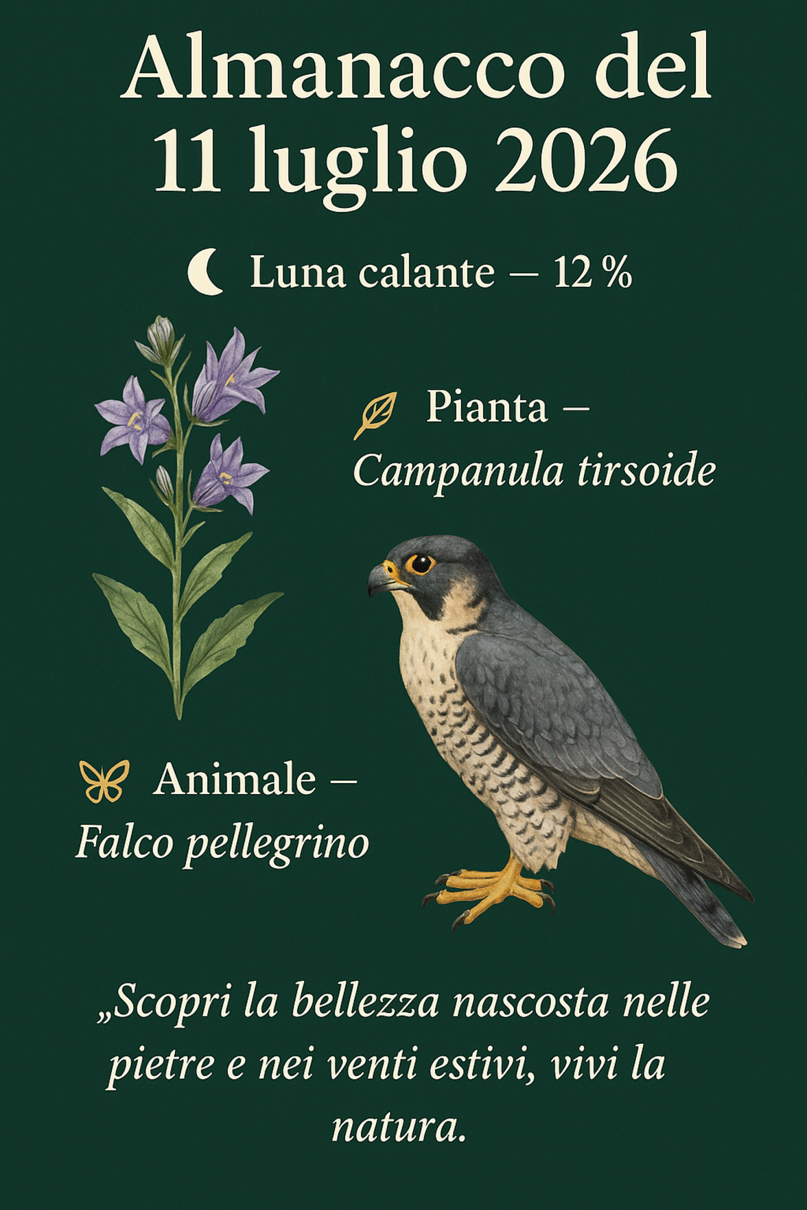Infografica Almanacco del 11 luglio 2026 — Campanula tirsoide e Falco pellegrino