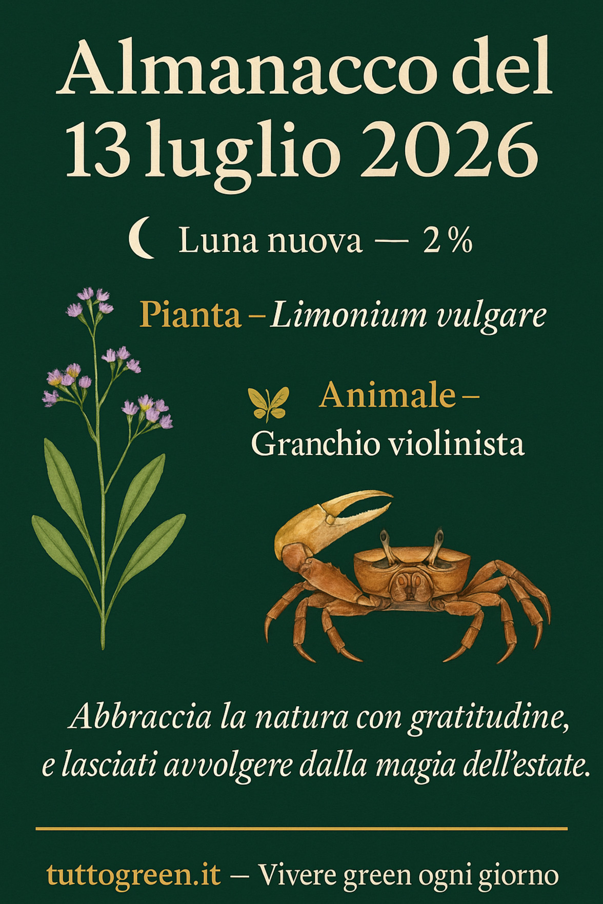 Infografica Almanacco del 13 luglio 2026 — Limonium vulgare e Granchio violinista