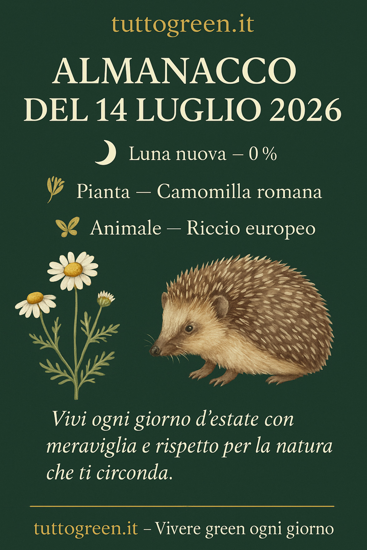 Infografica Almanacco del 14 luglio 2026 — Camomilla romana e Riccio europeo