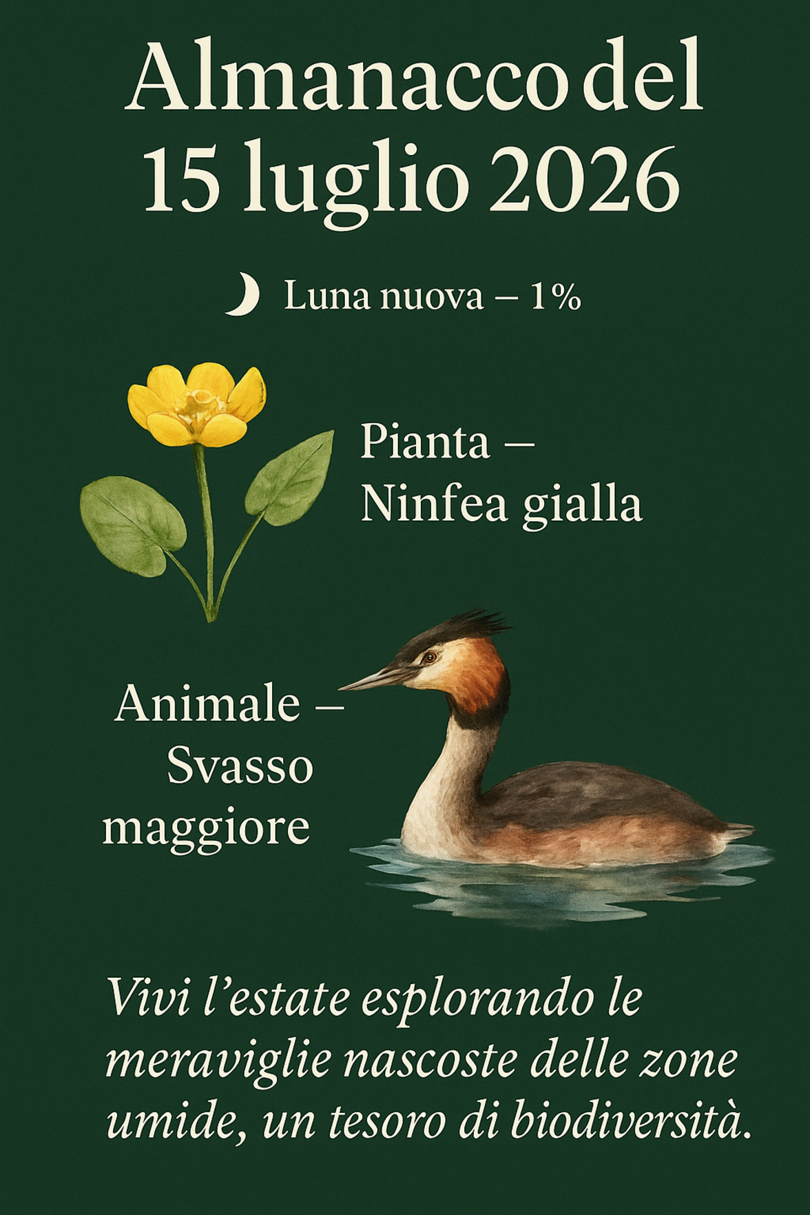 Infografica Almanacco del 15 luglio 2026 — Ninfea gialla e Svasso maggiore