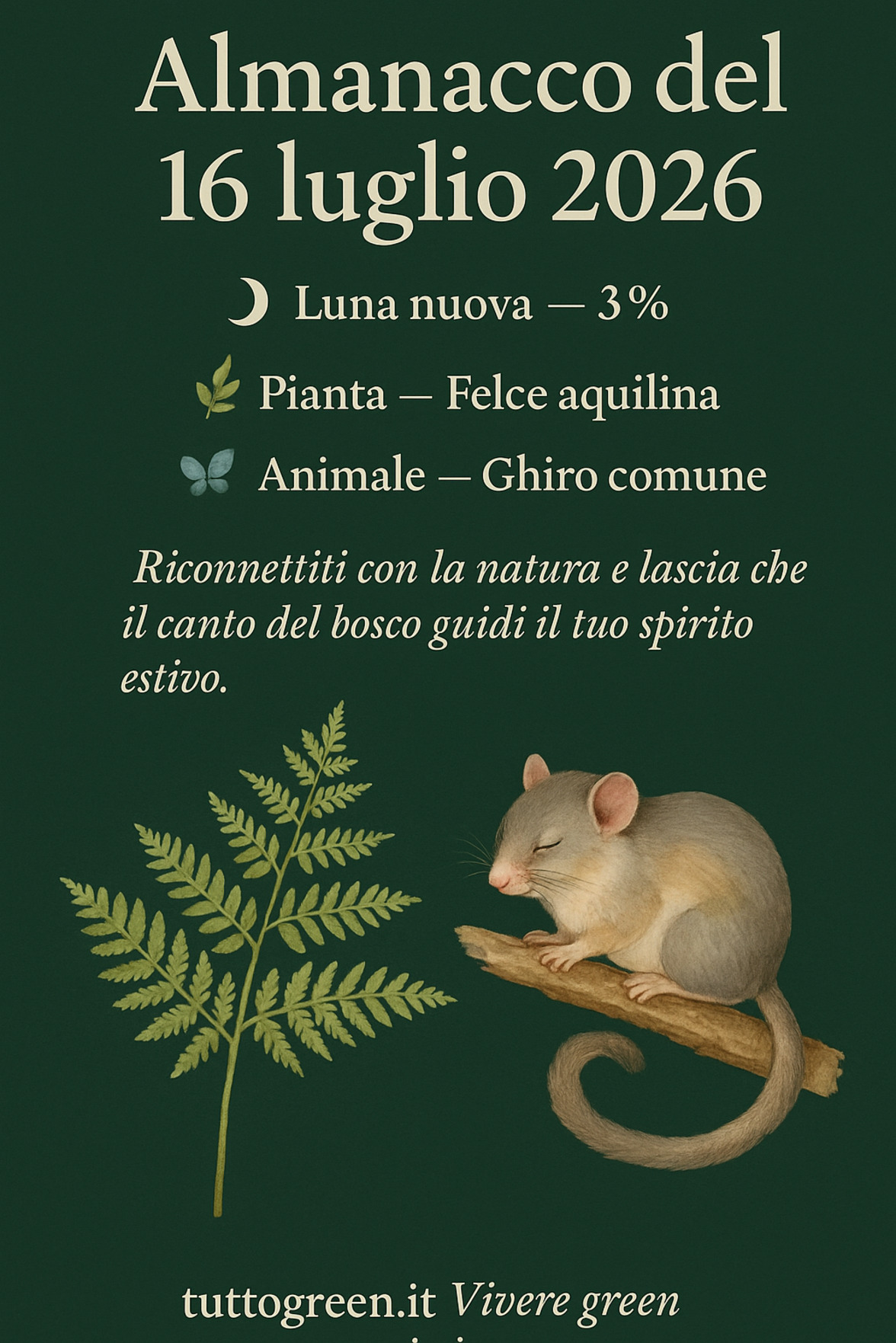 Infografica Almanacco del 16 luglio 2026 — Felce aquilina e Ghiro comune