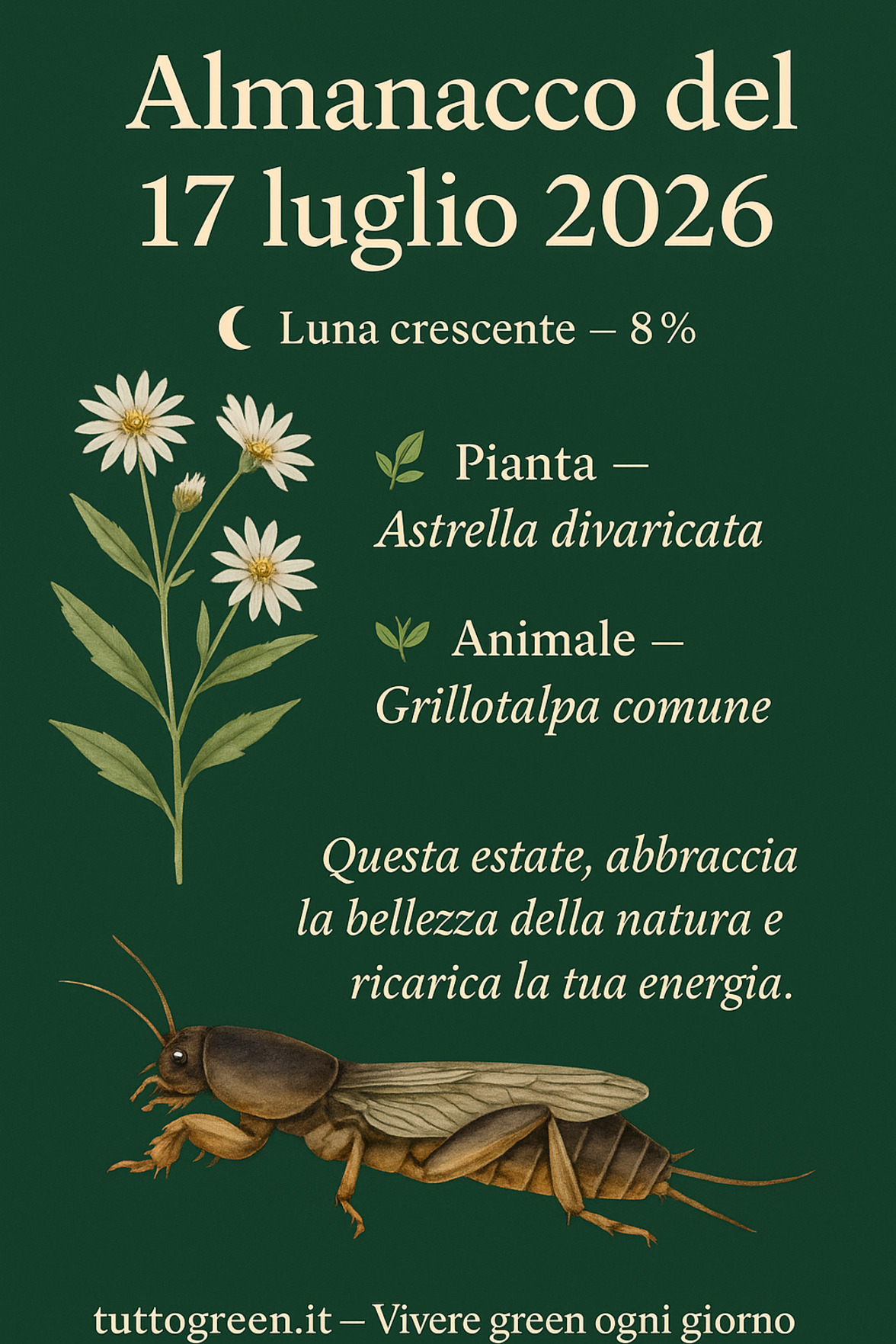 Infografica Almanacco del 17 luglio 2026 — Astrella divaricata e Grillotalpa comune