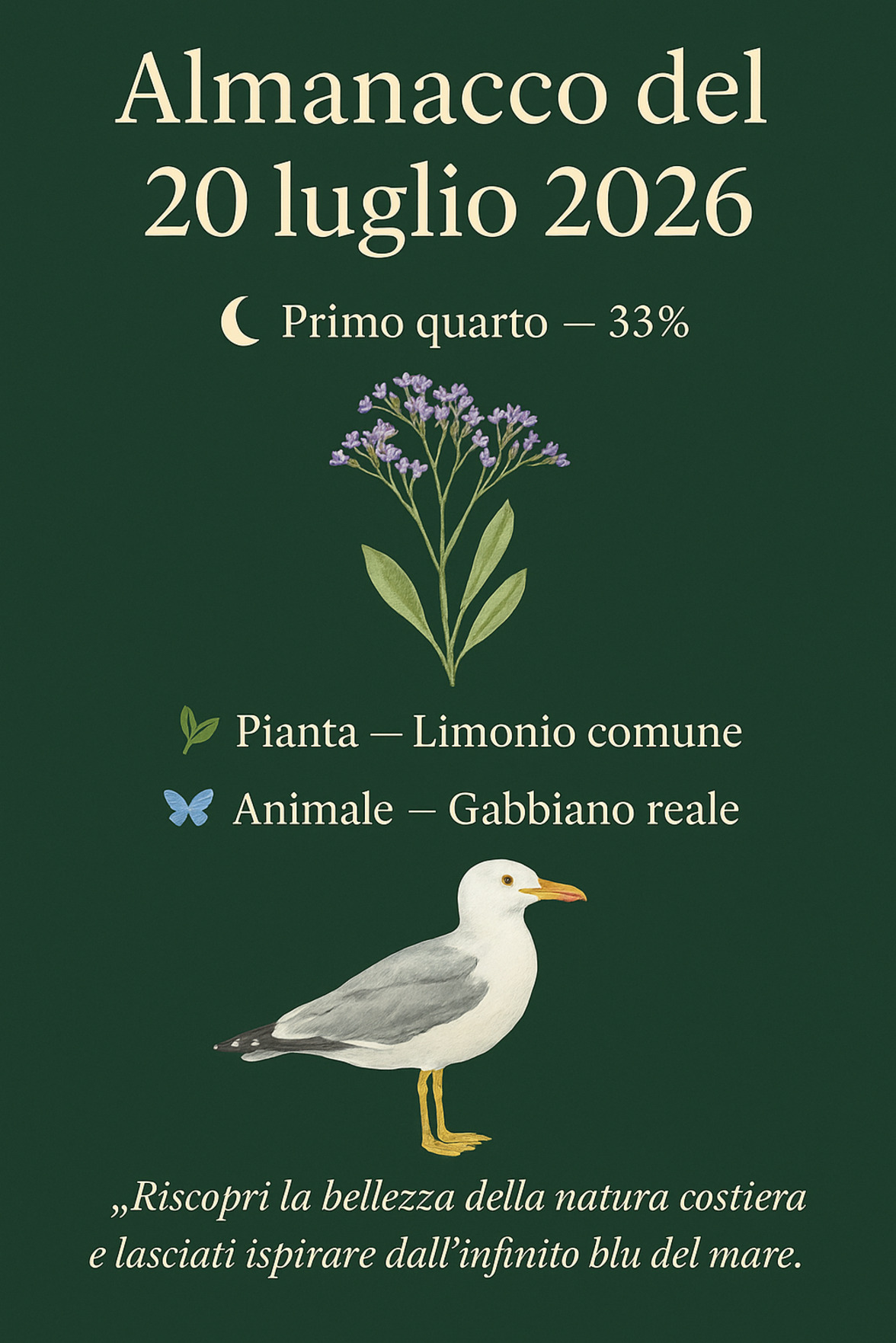 Infografica Almanacco del 20 luglio 2026 — Limonio comune e Gabbiano reale