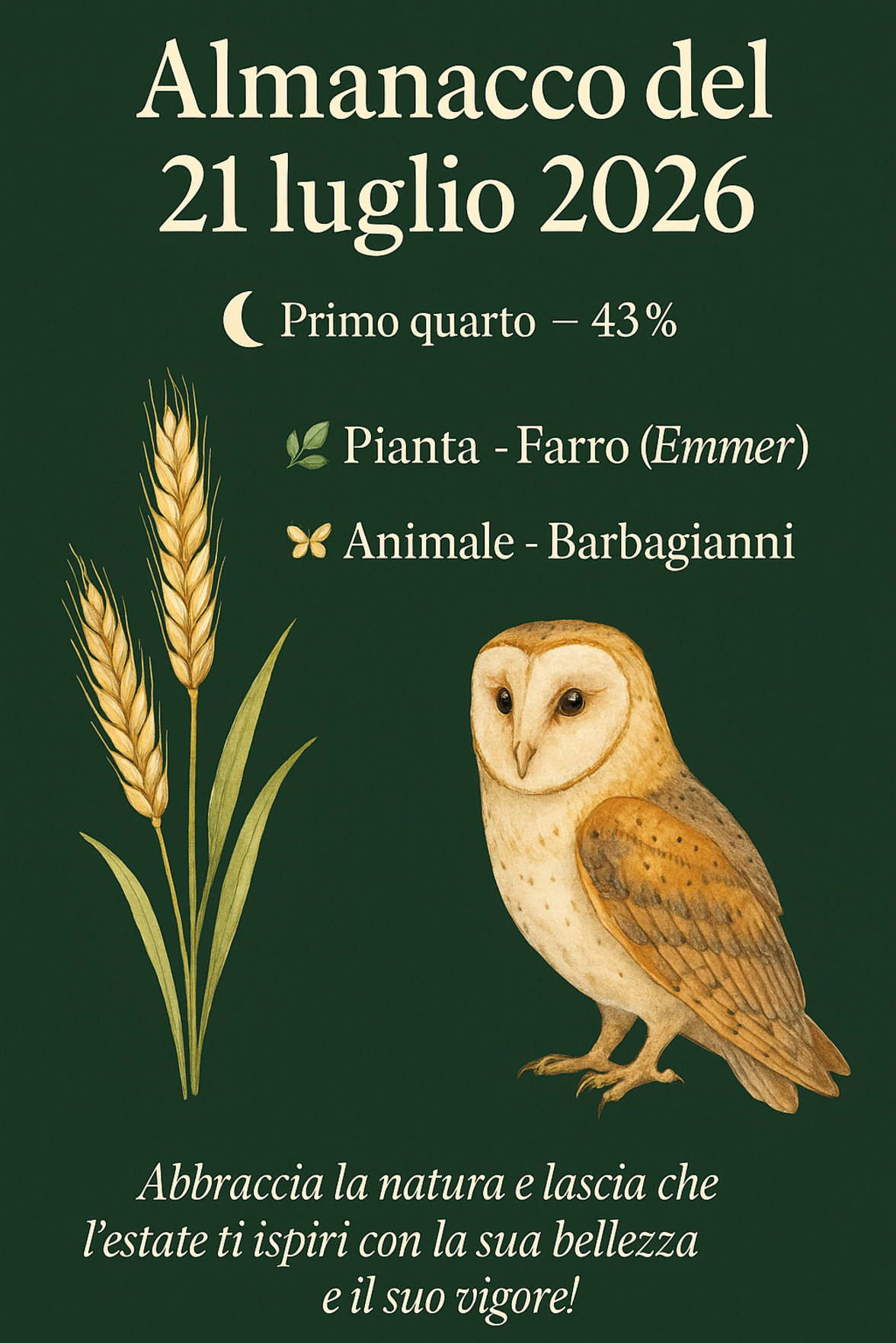 Infografica Almanacco del 21 luglio 2026 — Farro (Emmer) e Barbagianni