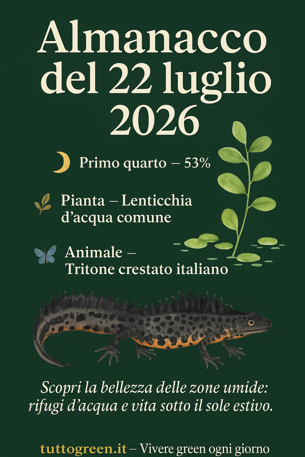 Infografica Almanacco del 22 luglio 2026 — Lenticchia d'acqua comune e Tritone crestato italiano