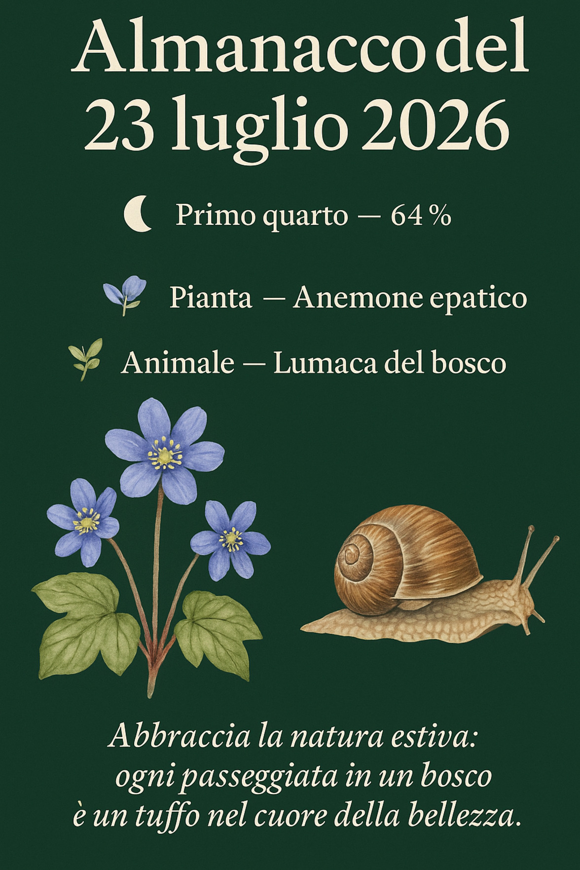Infografica Almanacco del 23 luglio 2026 — Anemone epatico e Lumaca del bosco