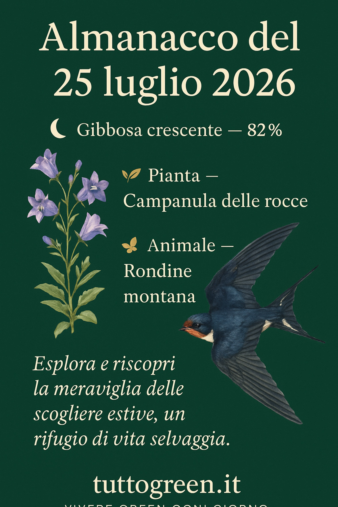 Infografica Almanacco del 25 luglio 2026 — Campanula delle rocce e Rondine montana