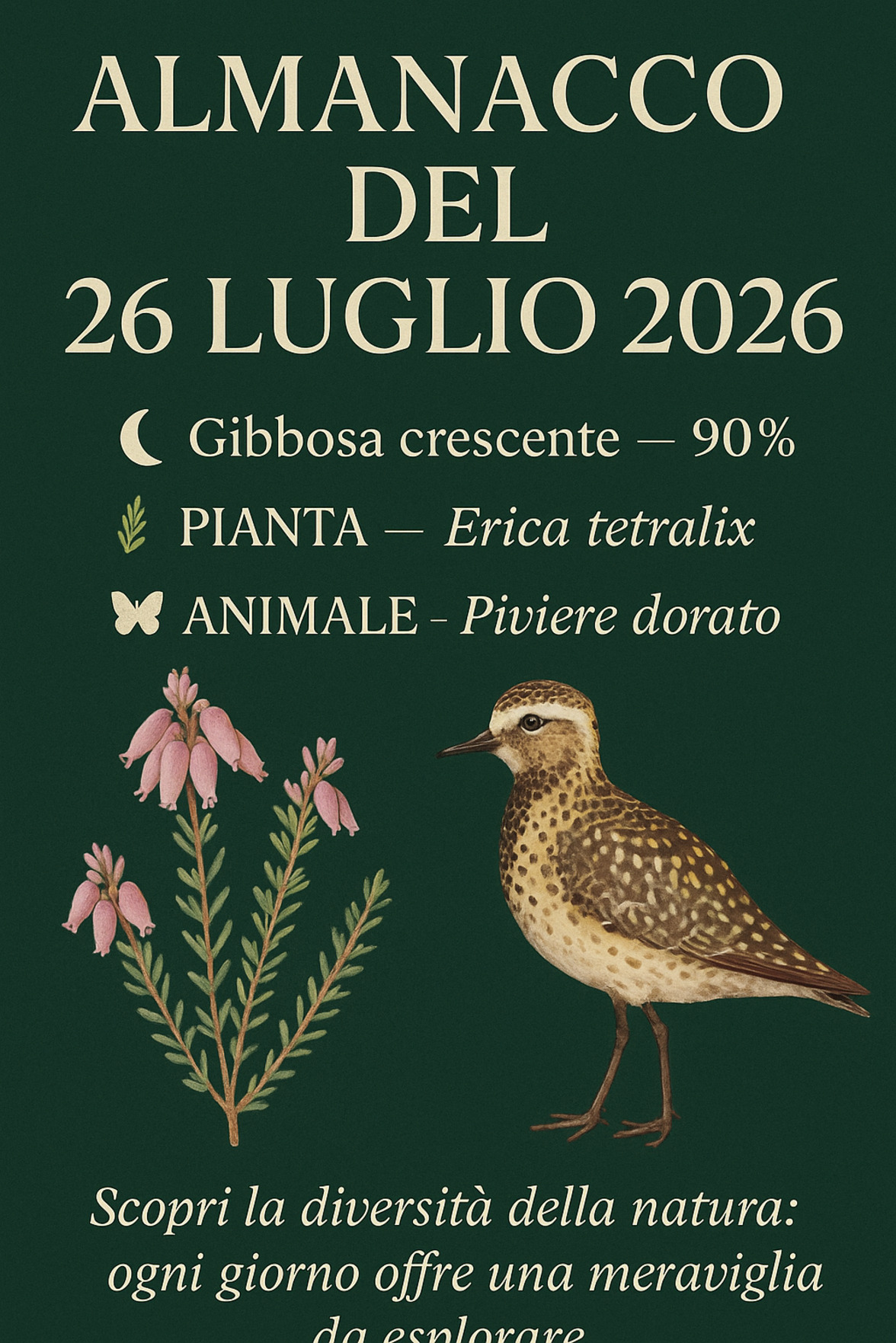 Infografica Almanacco del 26 luglio 2026 — Erica tetralix e Piviere dorato