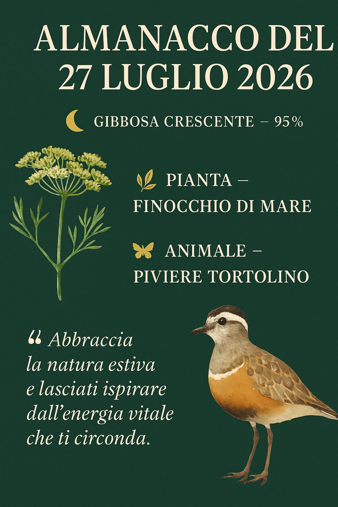 Infografica Almanacco del 27 luglio 2026 — Finocchio di mare e Piviere tortolino