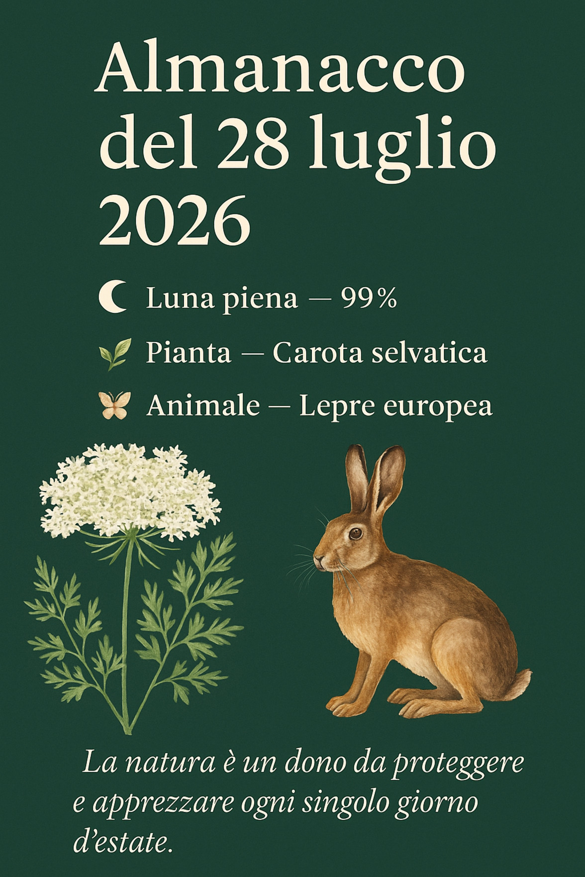 Infografica Almanacco del 28 luglio 2026 — Carota selvatica e Lepre europea
