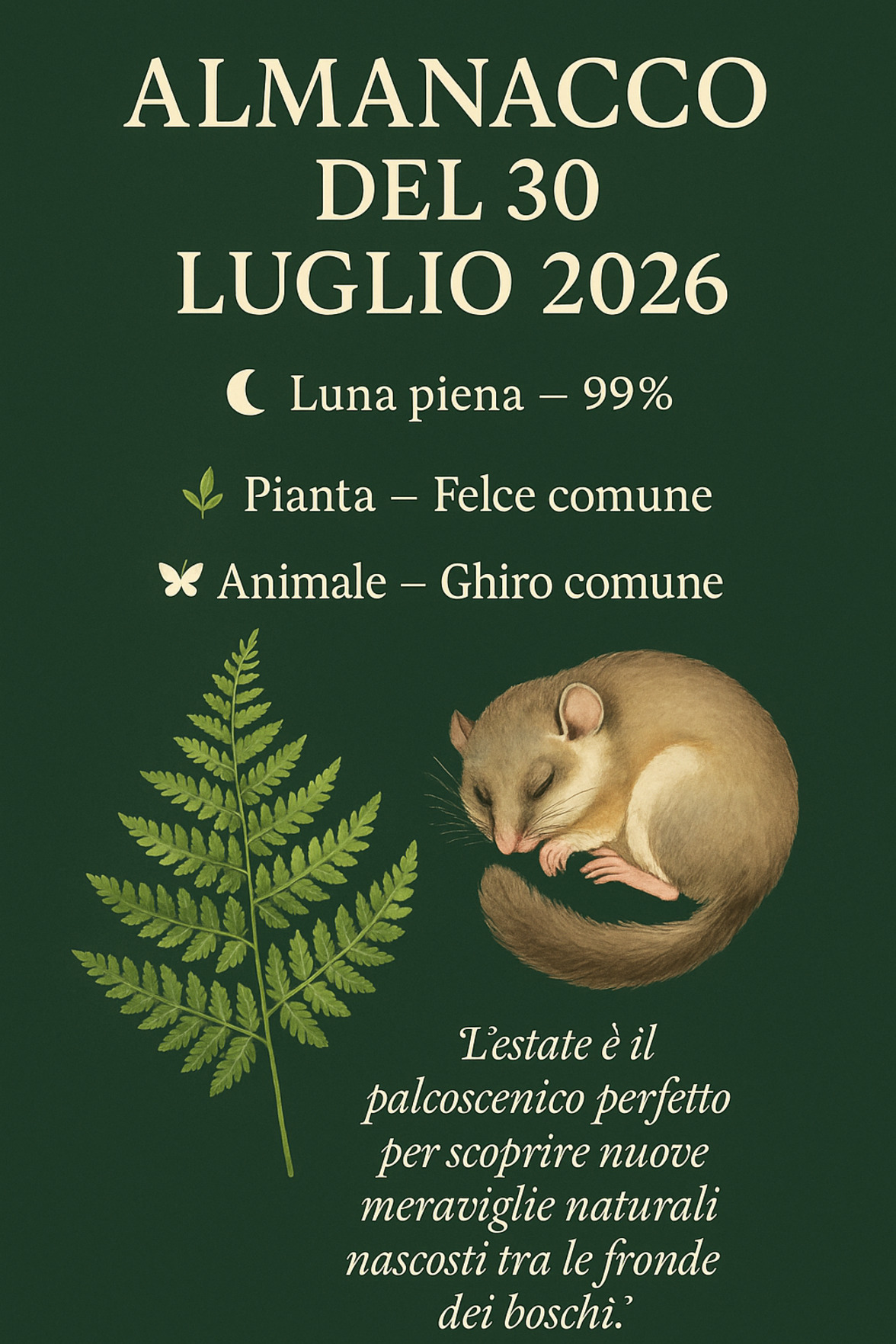Infografica Almanacco del 30 luglio 2026 — Felce comune e Ghiro comune