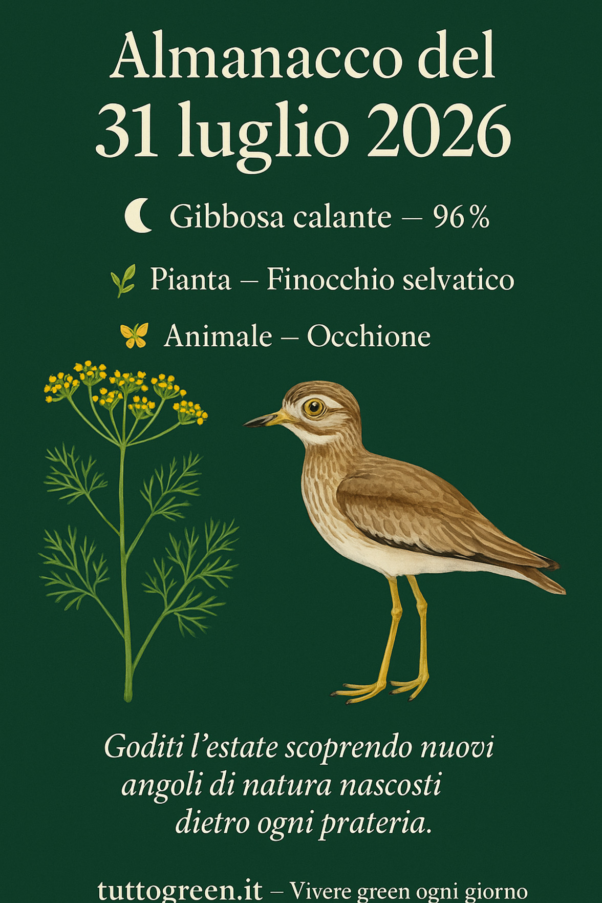 Infografica Almanacco del 31 luglio 2026 — Finocchio selvatico e Occhione