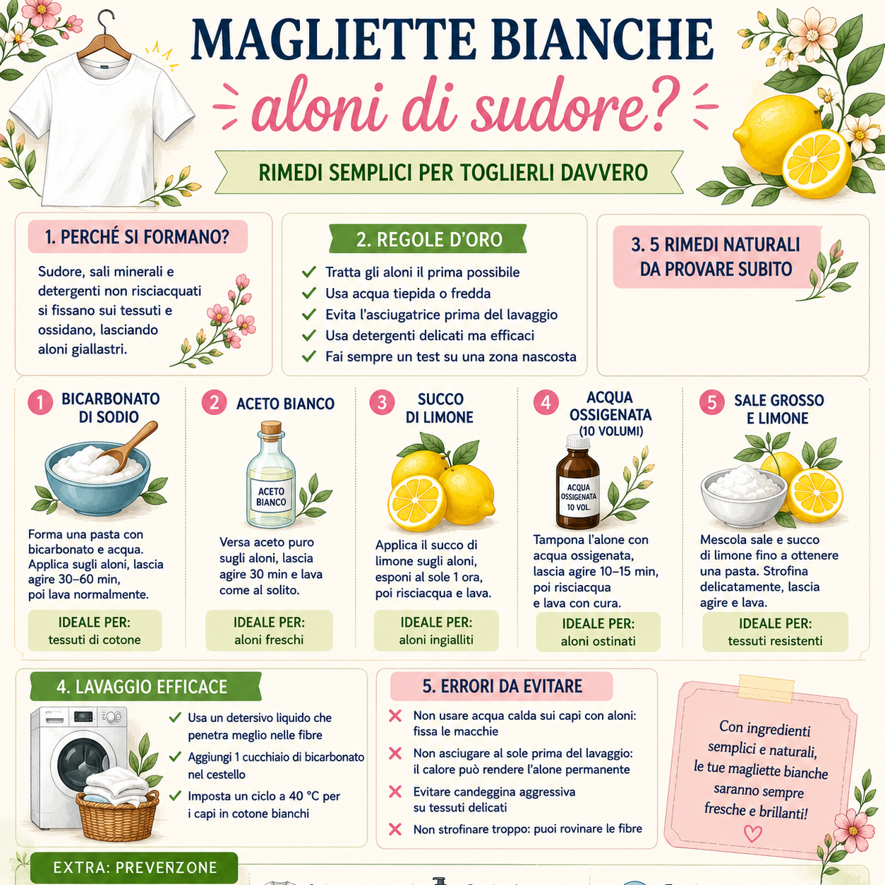 Infografica quadrata su come eliminare gli aloni di sudore dalle magliette bianche con bicarbonato, aceto bianco, succo di limone, acqua ossigenata e sale grosso, con rimedi pratici, consigli di lavaggio ed errori da evitare