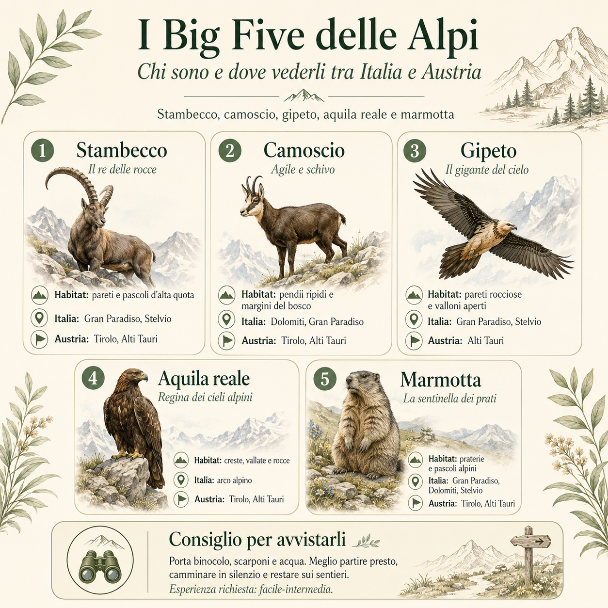 Infografica sui Big Five delle Alpi con stambecco, camoscio, gipeto, aquila reale e marmotta, indicazioni su habitat e luoghi dove osservarli in Italia e Austria