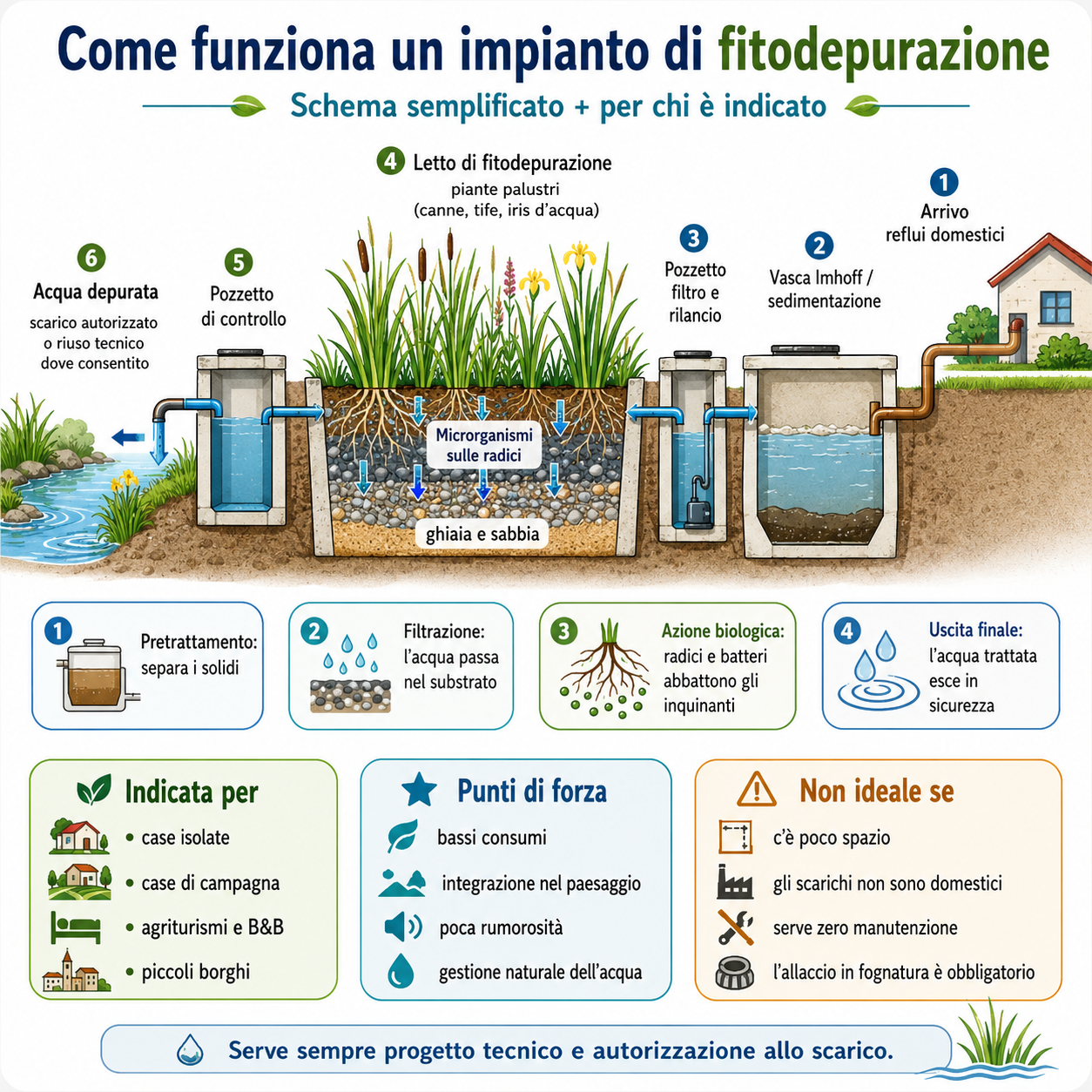 Infografica quadrata che spiega come funziona un impianto di fitodepurazione, con vasca Imhoff, pozzetto filtro, letto di ghiaia e sabbia con piante palustri, microrganismi sulle radici e uscita dell’acqua depurata