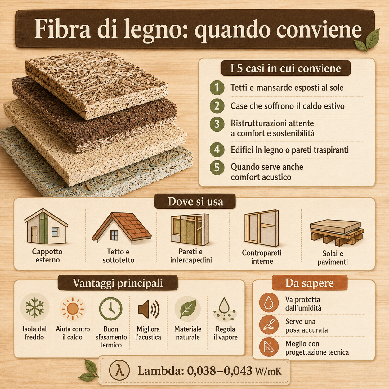 Infografica sulla fibra di legno come isolante, con indicazioni su quando conviene usarla, dove si applica e quali vantaggi offre in edilizia