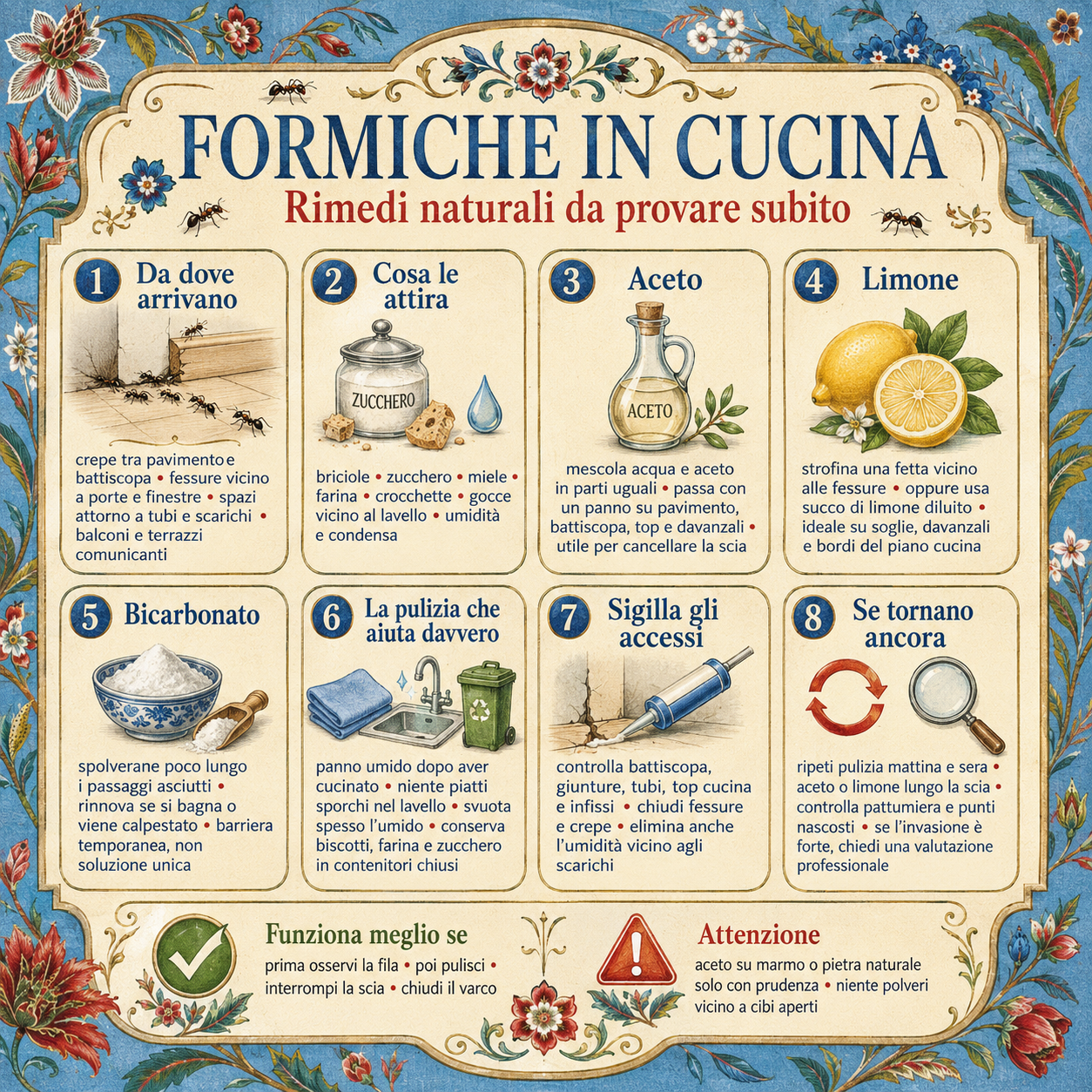 Infografica decorativa che riassume come allontanare le formiche in cucina con rimedi naturali da provare subito, tra cui aceto, limone, bicarbonato, pulizia dei punti critici e chiusura degli accessi