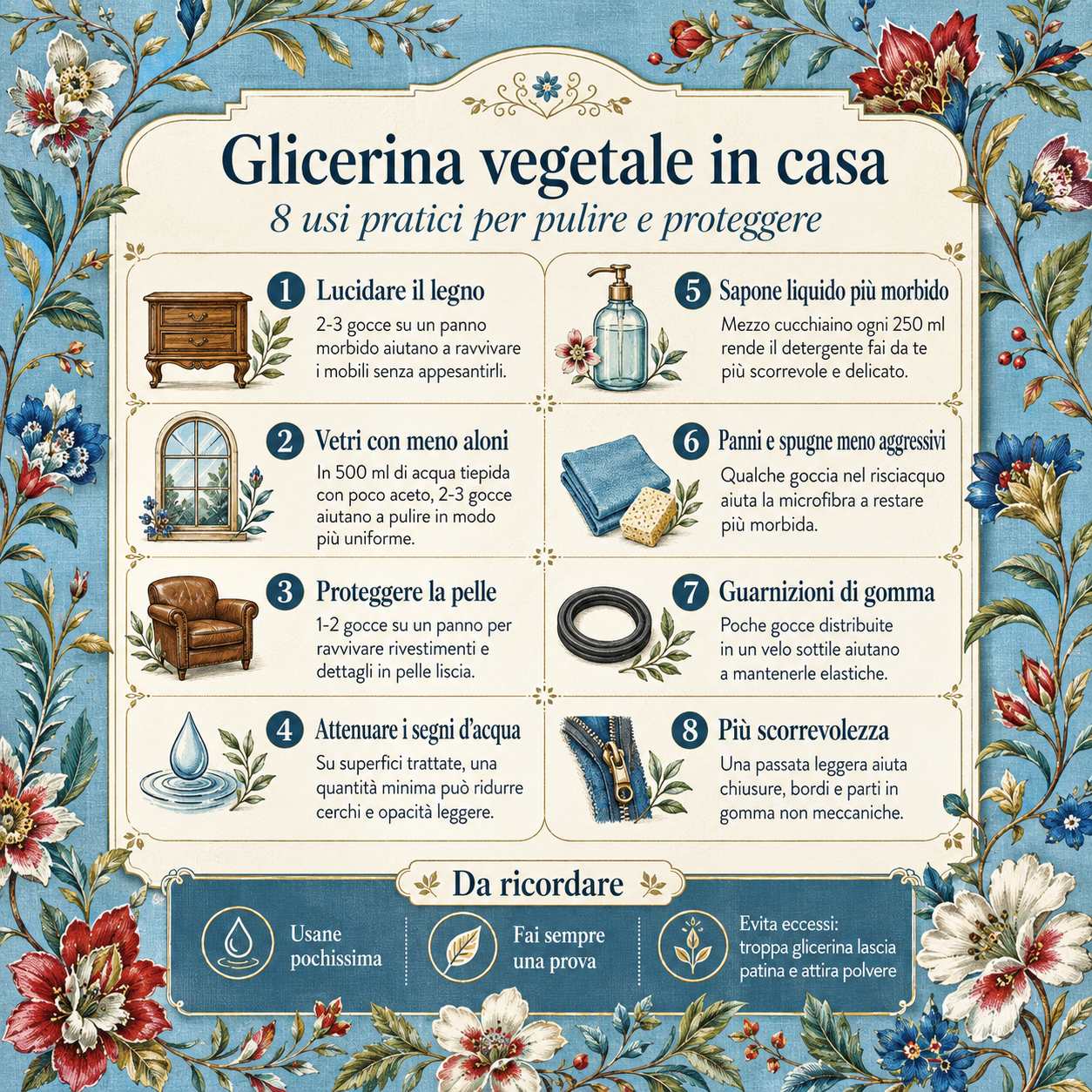 Infografica decorativa sugli 8 usi della glicerina vegetale in casa per pulire e proteggere mobili, vetri, pelle, guarnizioni e altre superfici