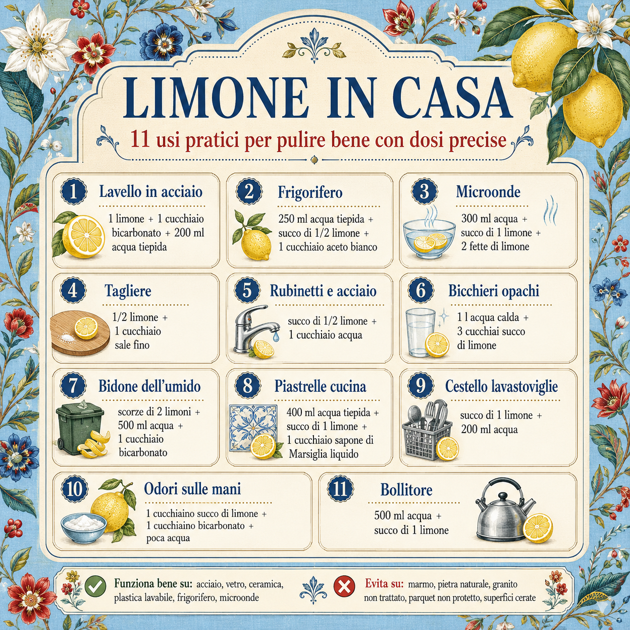 Infografica decorativa in stile floreale che riassume 11 usi pratici del limone in casa per pulire bene con dosi precise, dal lavello al frigorifero, dal microonde al bollitore