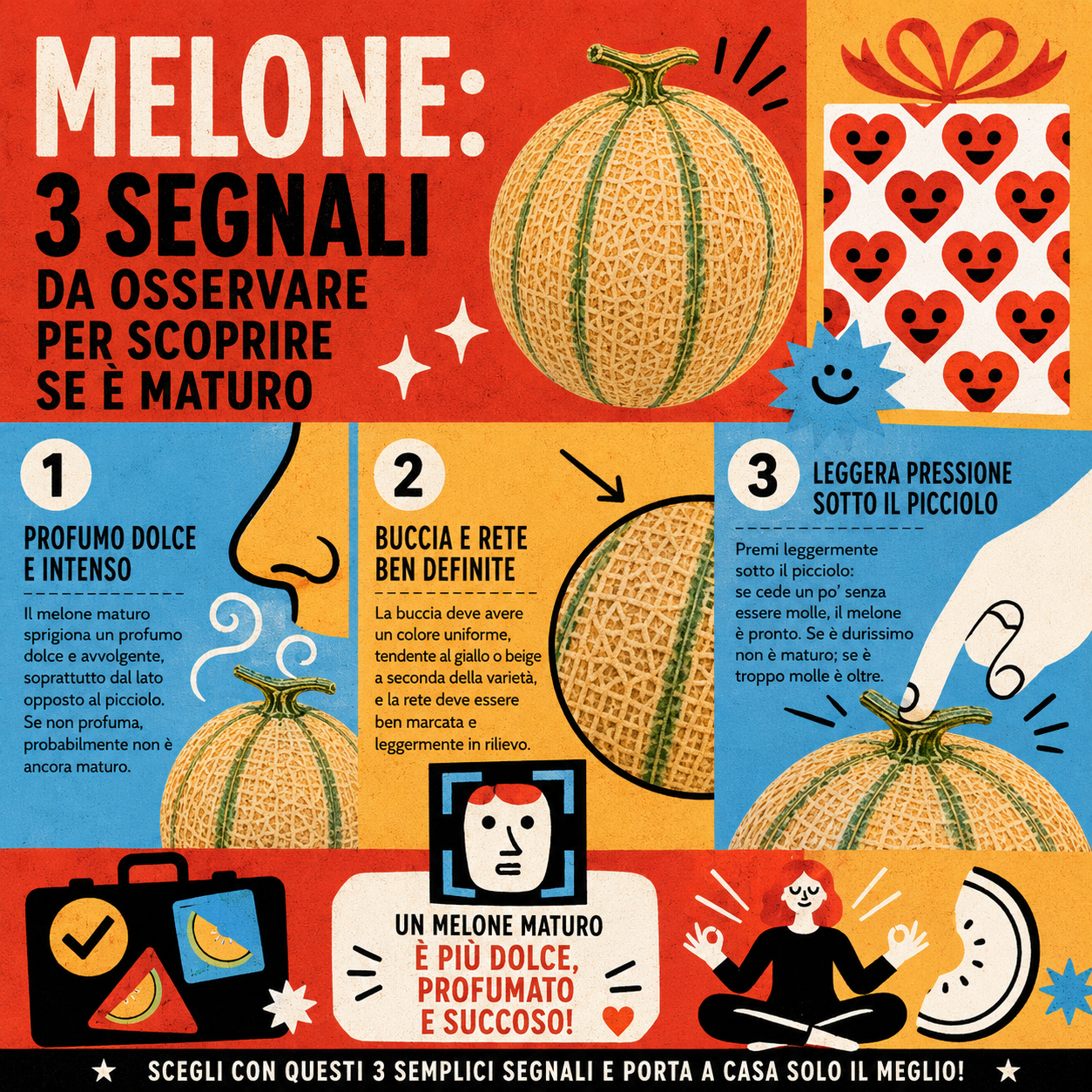 Infografica quadrata illustrata con 3 segnali per riconoscere un melone maturo: profumo dolce e intenso, buccia e rete ben definite, leggera pressione sotto il picciolo
