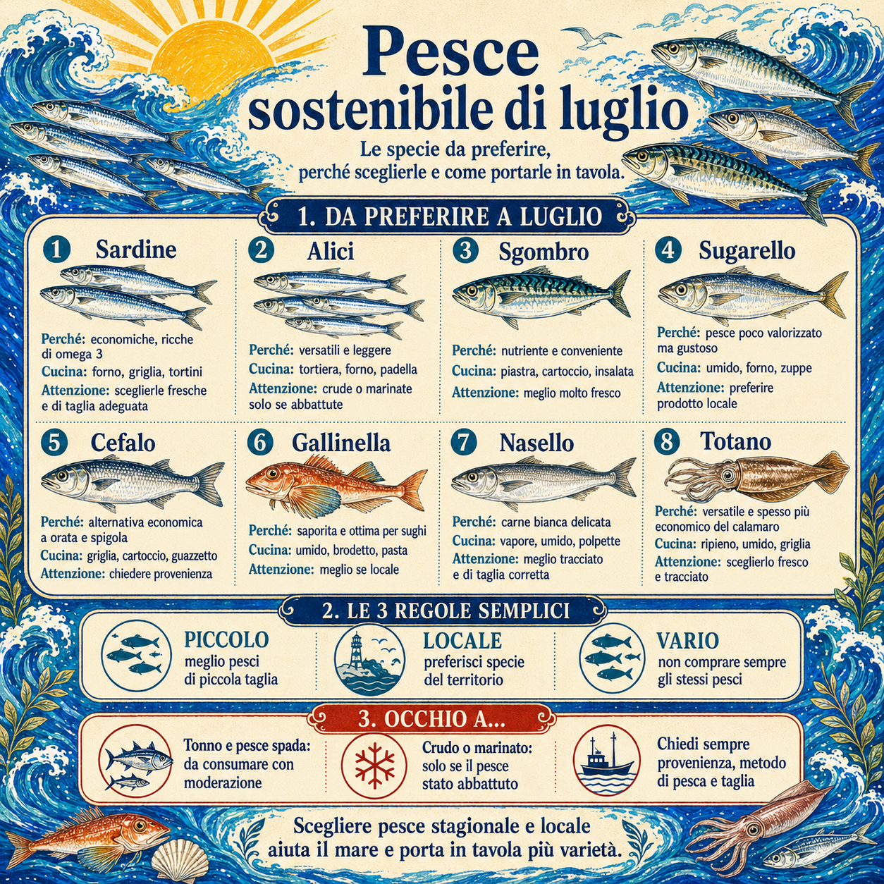 Infografica illustrata sui pesci sostenibili di luglio con sardine, alici, sgombro, sugarello, cefalo, gallinella, nasello e totano, consigli per sceglierli e cucinarli
