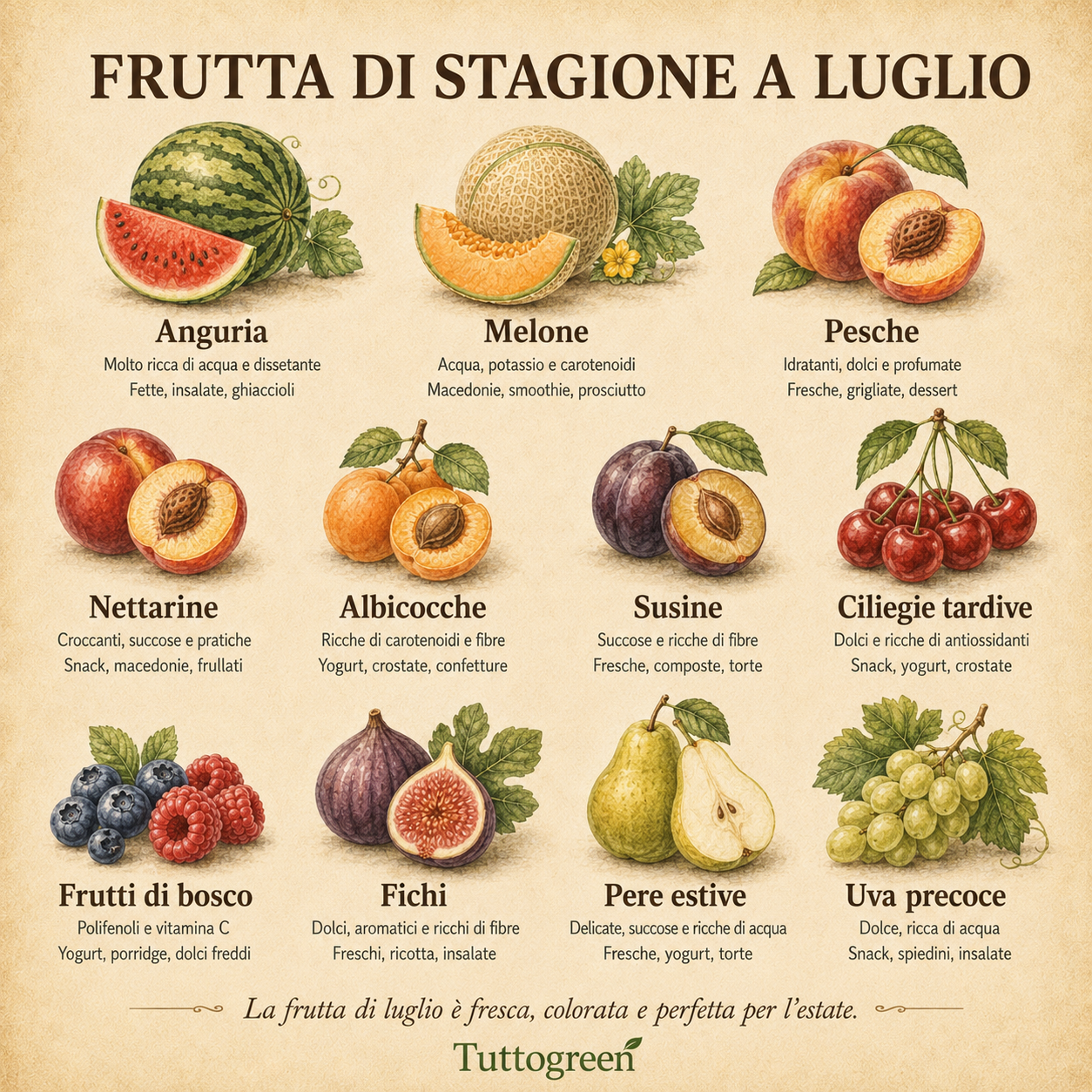 Infografica vintage sulla frutta di stagione di luglio con anguria, melone, pesche, nettarine, albicocche, susine, ciliegie tardive, frutti di bosco, fichi, pere estive e uva precoce, con proprietà principali e usi in cucina