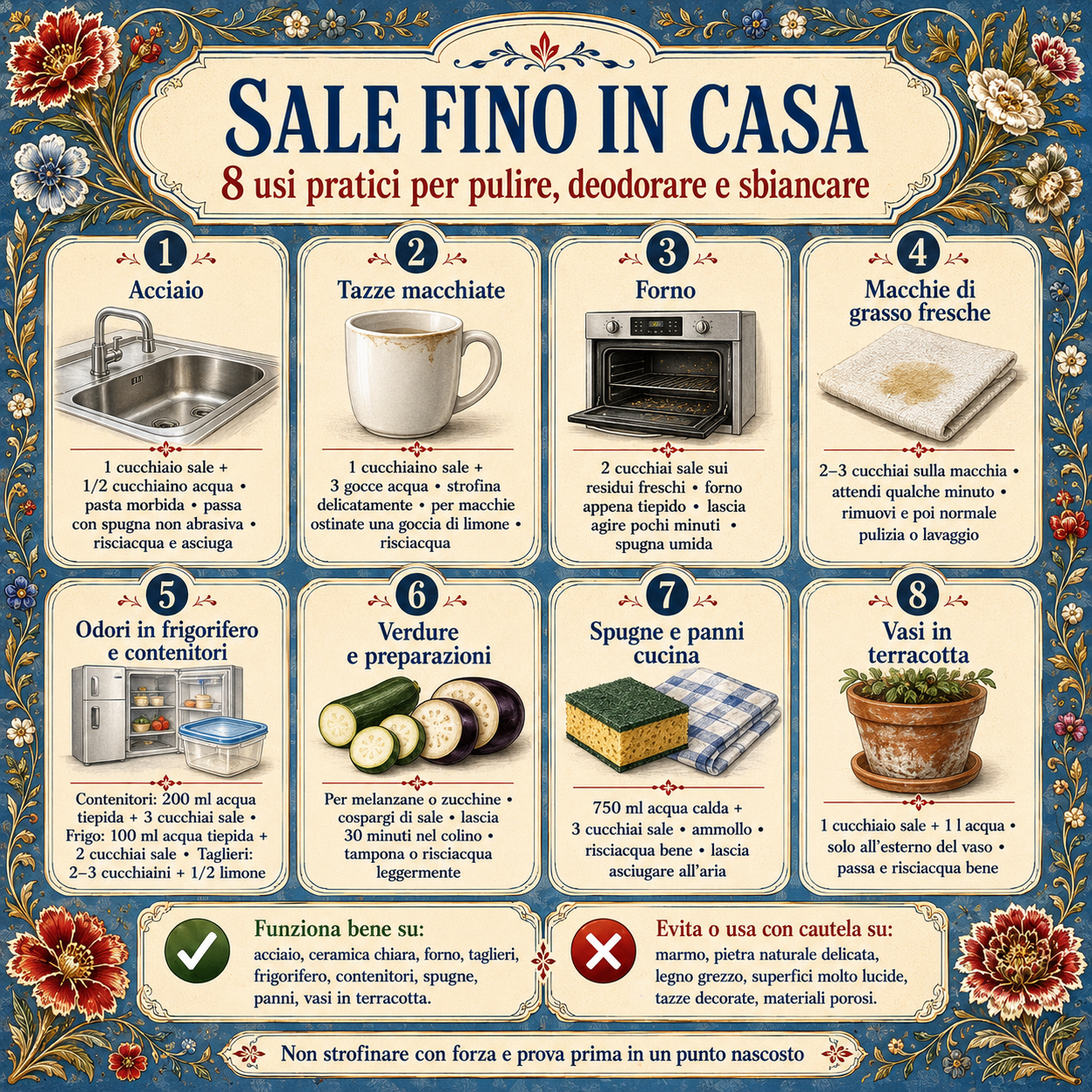 Infografica decorativa che riassume 8 usi pratici del sale fino in casa, non in cucina, per pulire, deodorare e sbiancare superfici, tazze, forno, frigorifero, spugne e vasi in terracott