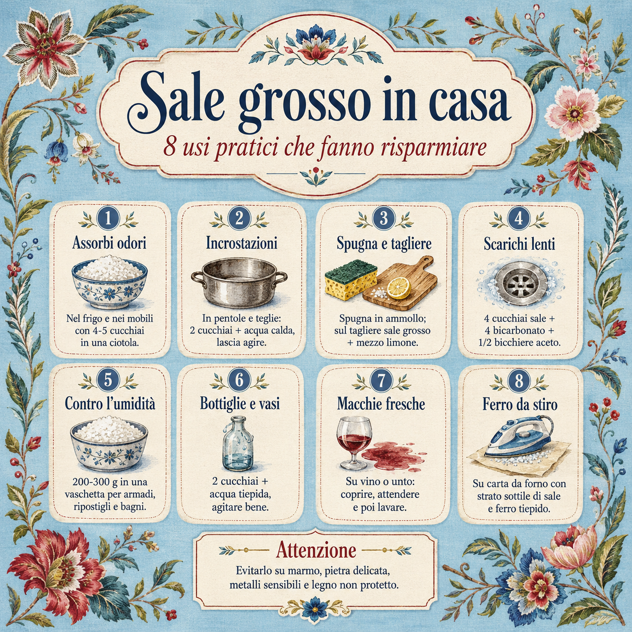Infografica decorativa in stile floreale che riassume 8 usi pratici del sale grosso in casa, dal frigorifero agli scarichi, dalle pentole alle macchie, con consigli e attenzioni d’uso
