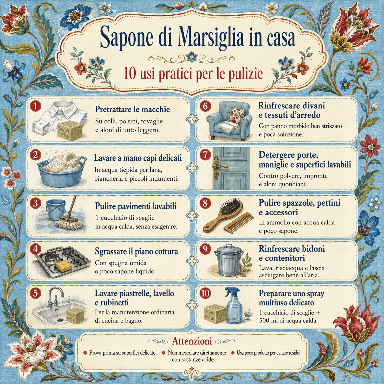 Infografica decorativa in stile floreale che riassume 10 usi pratici del sapone di Marsiglia in casa per le pulizie, dai tessuti ai pavimenti, dalle superfici della cucina ai contenitori, con consigli e attenzioni d’uso
