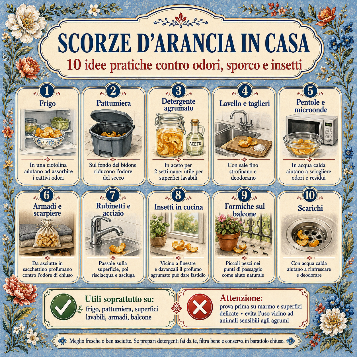 Infografica quadrata con 10 modi per riutilizzare le scorze d’arancia in casa, dal frigorifero alla pattumiera, fino a pulizie, scarichi, armadi e insetti